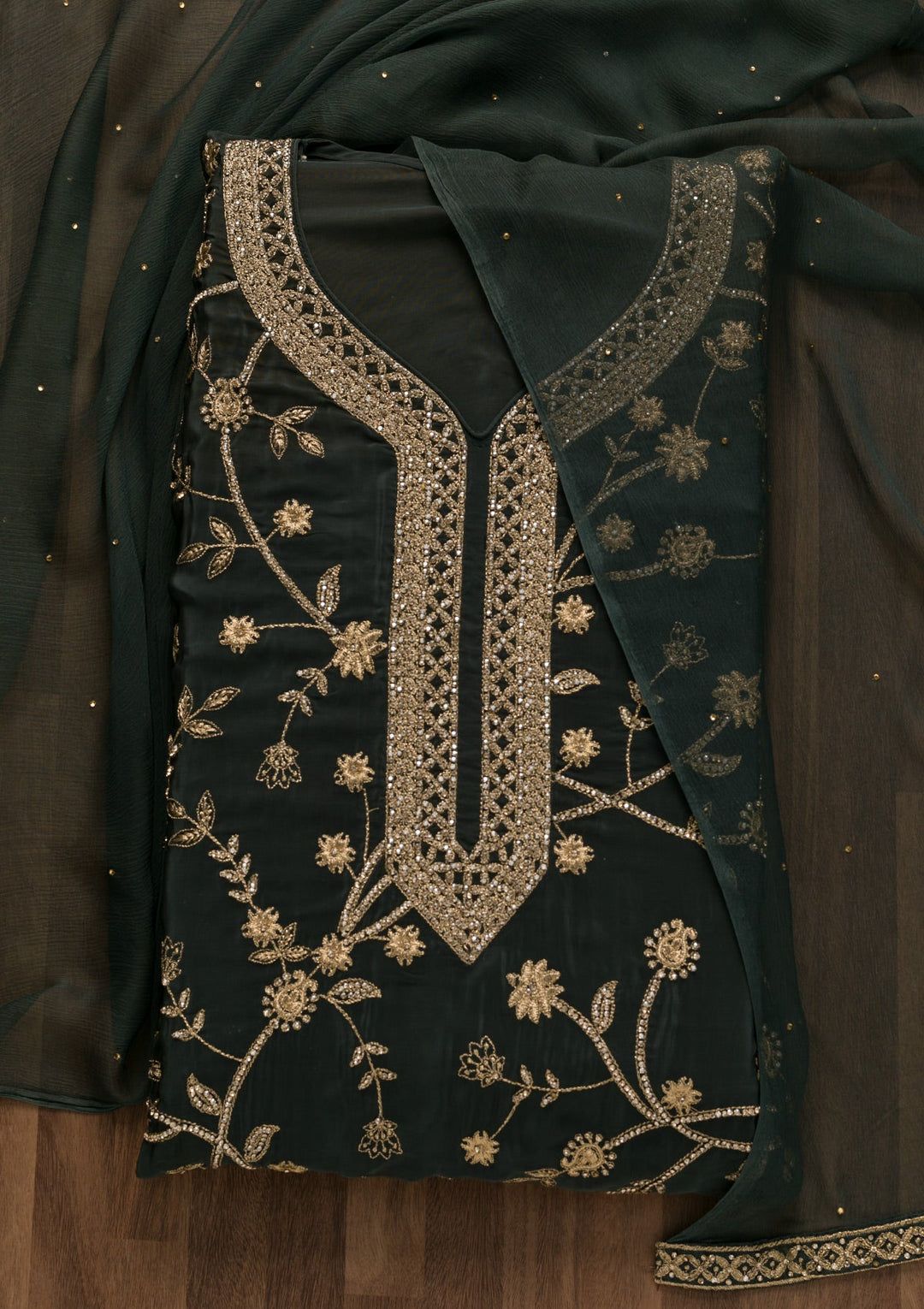 Dark Grey Stonework Georgette Unstitched Salwar Suit-Koskii
