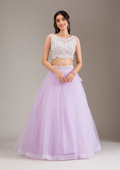 Lavender Stonework Net Readymade Lehenga-Koskii