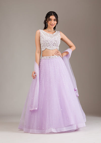 Lavender Stonework Net Readymade Lehenga-Koskii