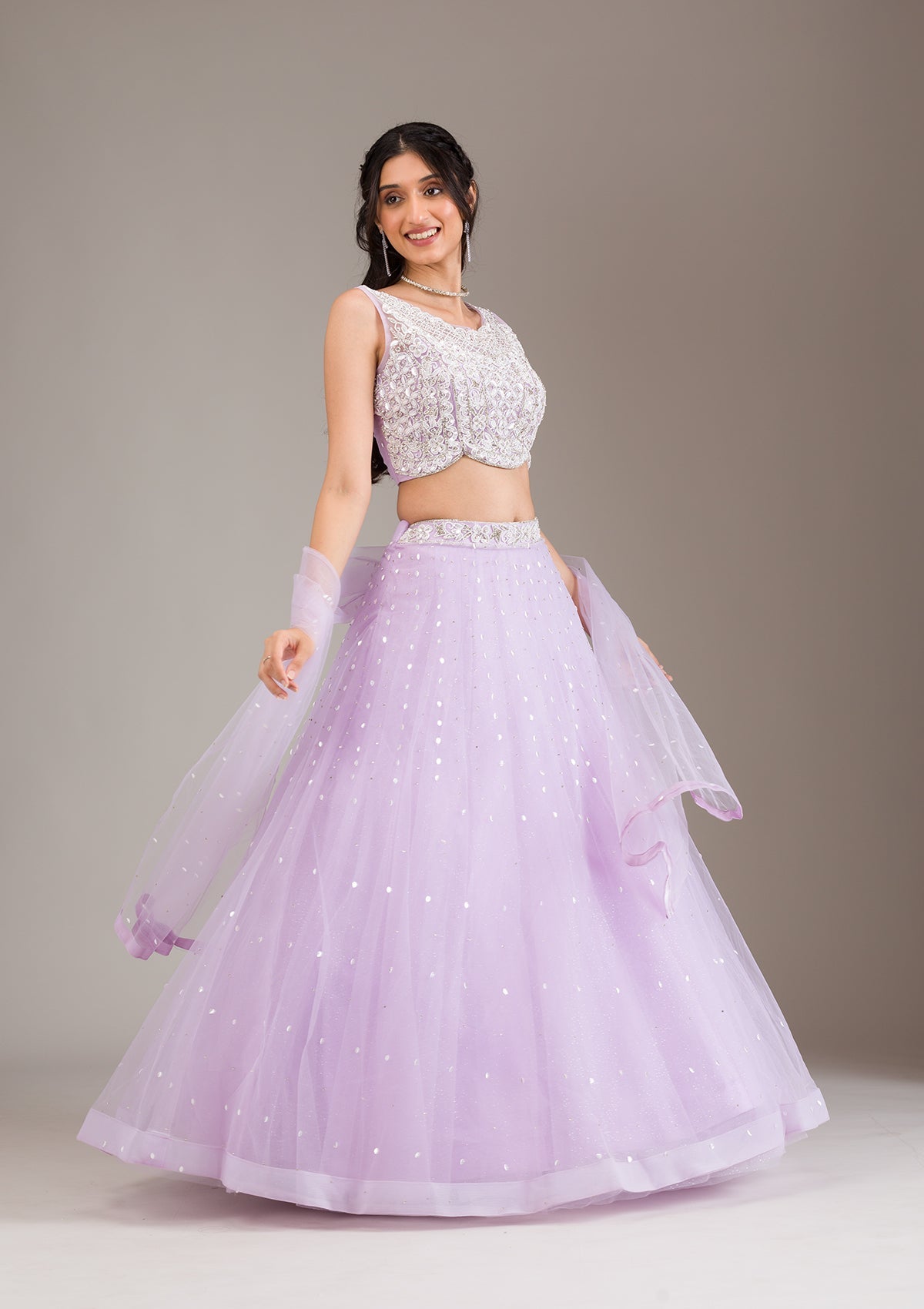 Lavender Stonework Net Readymade Lehenga-Koskii