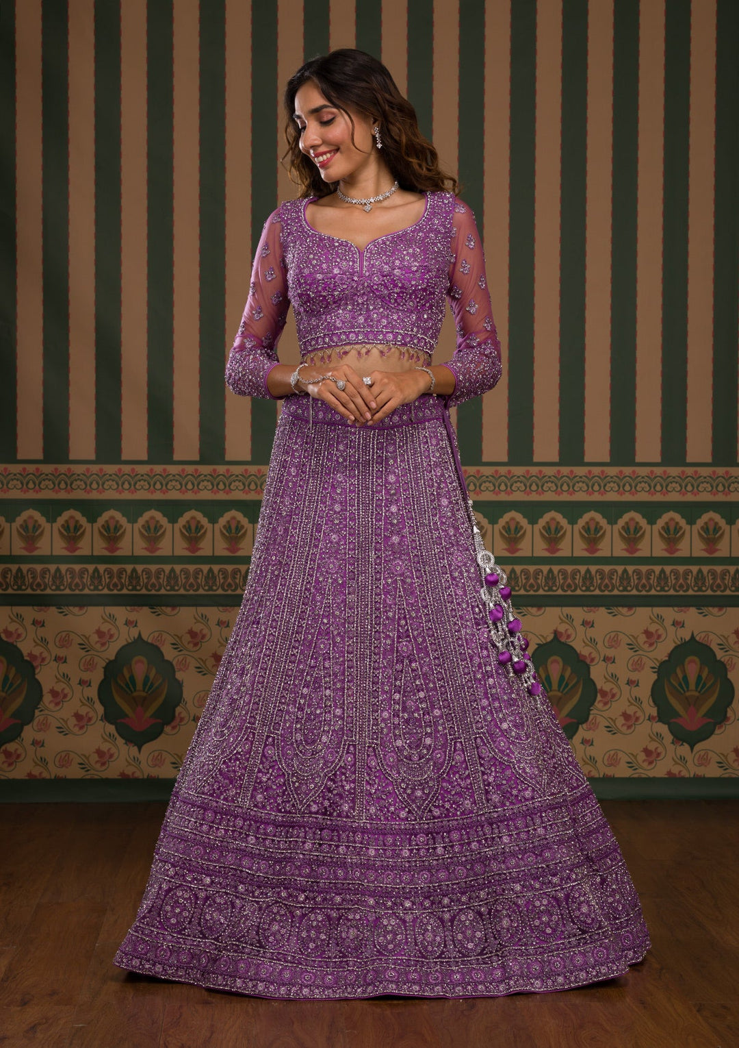 Lavender Stonework Net Readymade Lehenga