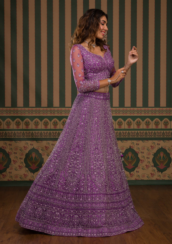 Lavender Stonework Net Readymade Lehenga