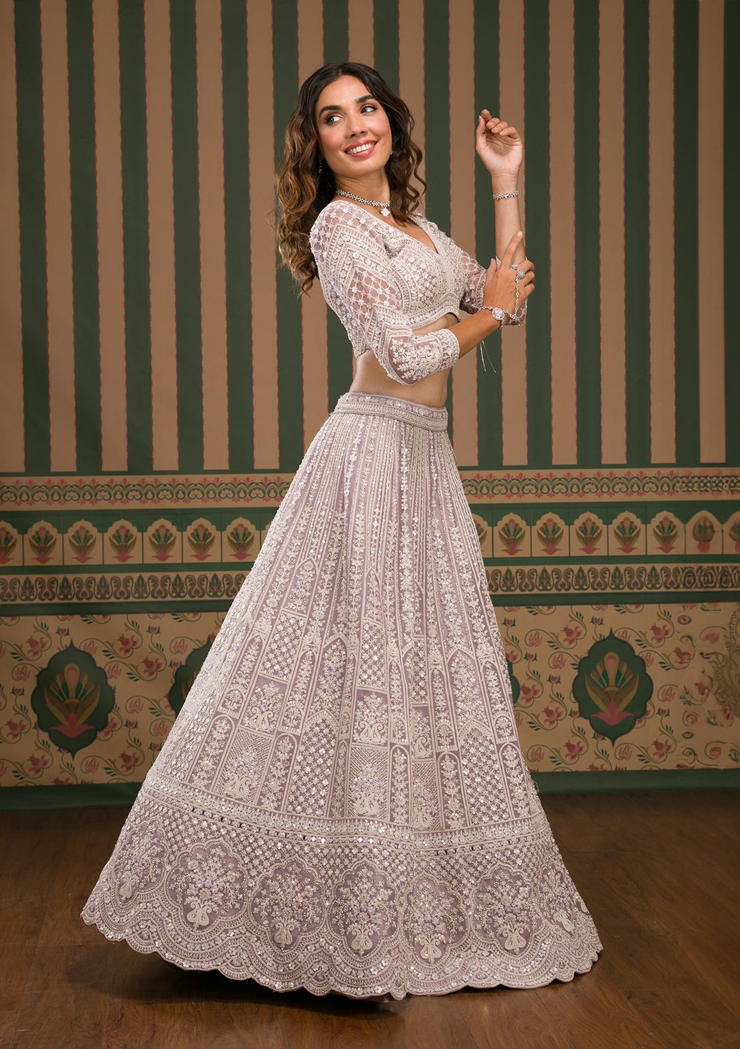 Lavender Stonework Net Semi Stitched Lehenga