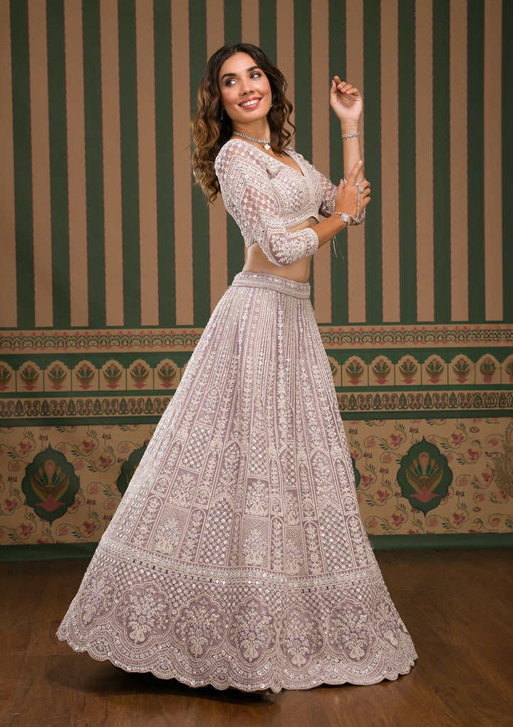 Lavender Stonework Net Semi Stitched Lehenga
