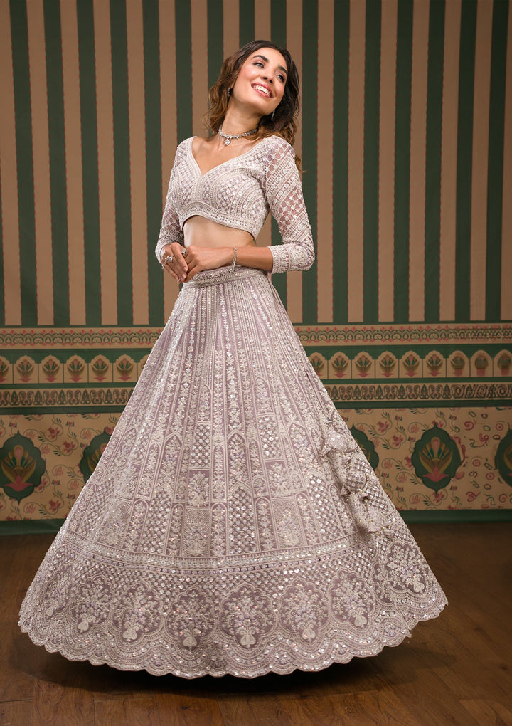 Lavender Stonework Net Semi Stitched Lehenga