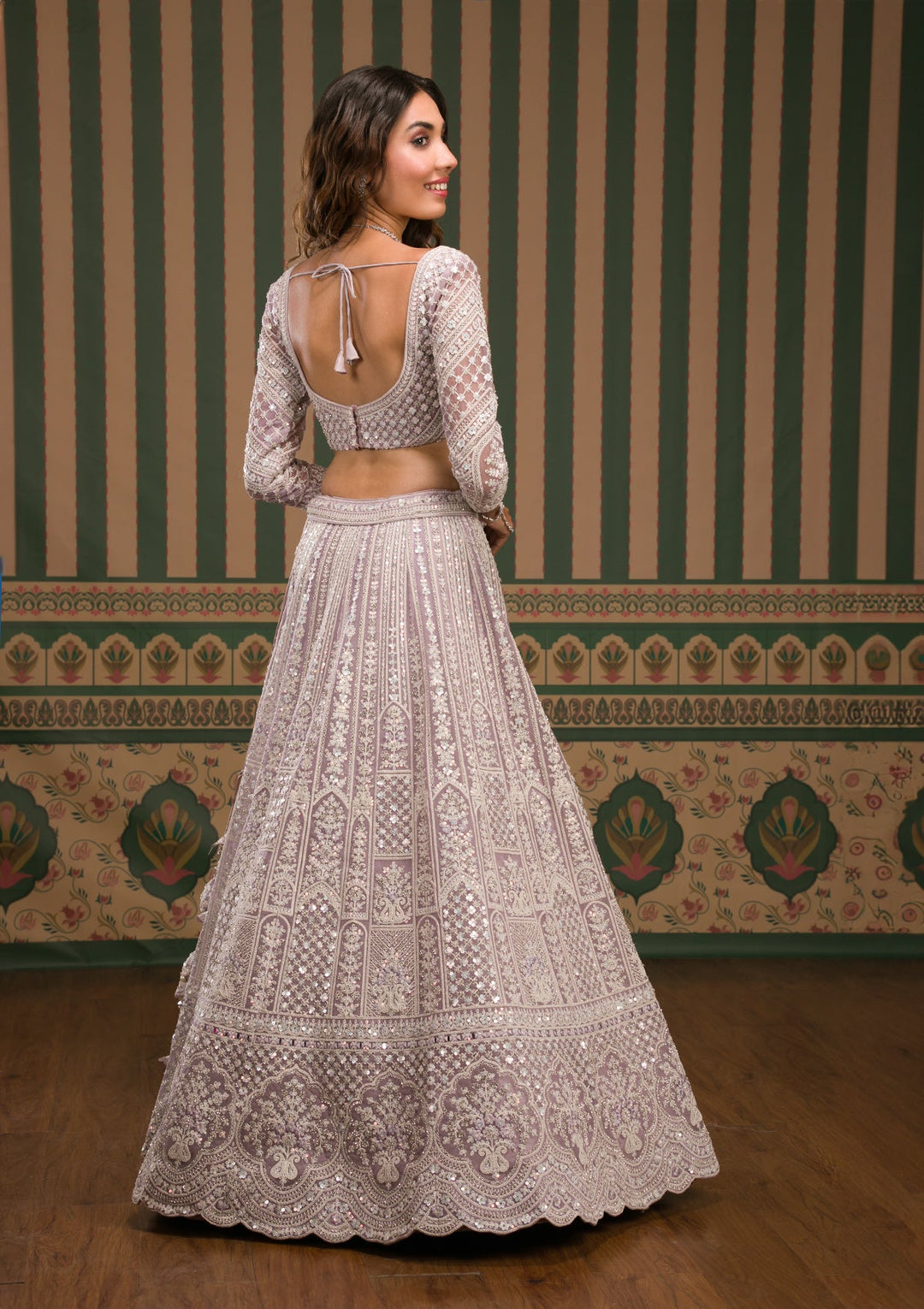 Lavender Stonework Net Semi Stitched Lehenga