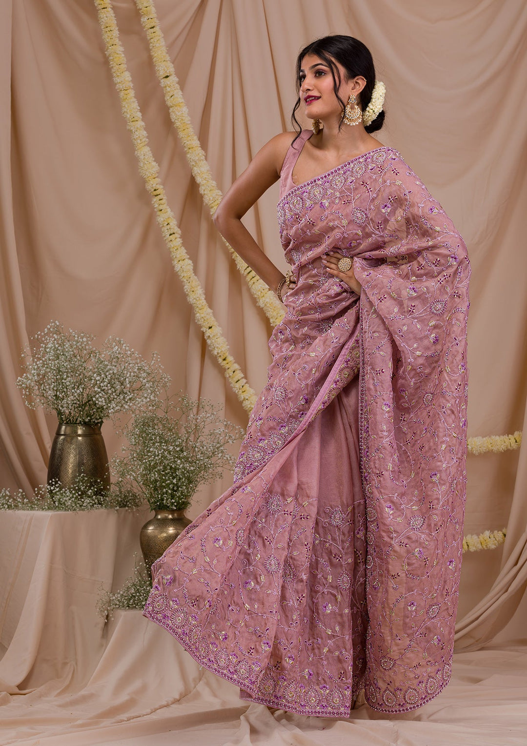 Lavender Stonework Net Saree-Koskii
