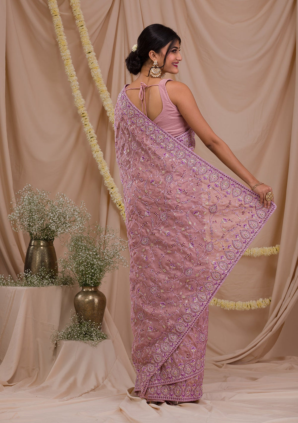Lavender Stonework Net Saree-Koskii
