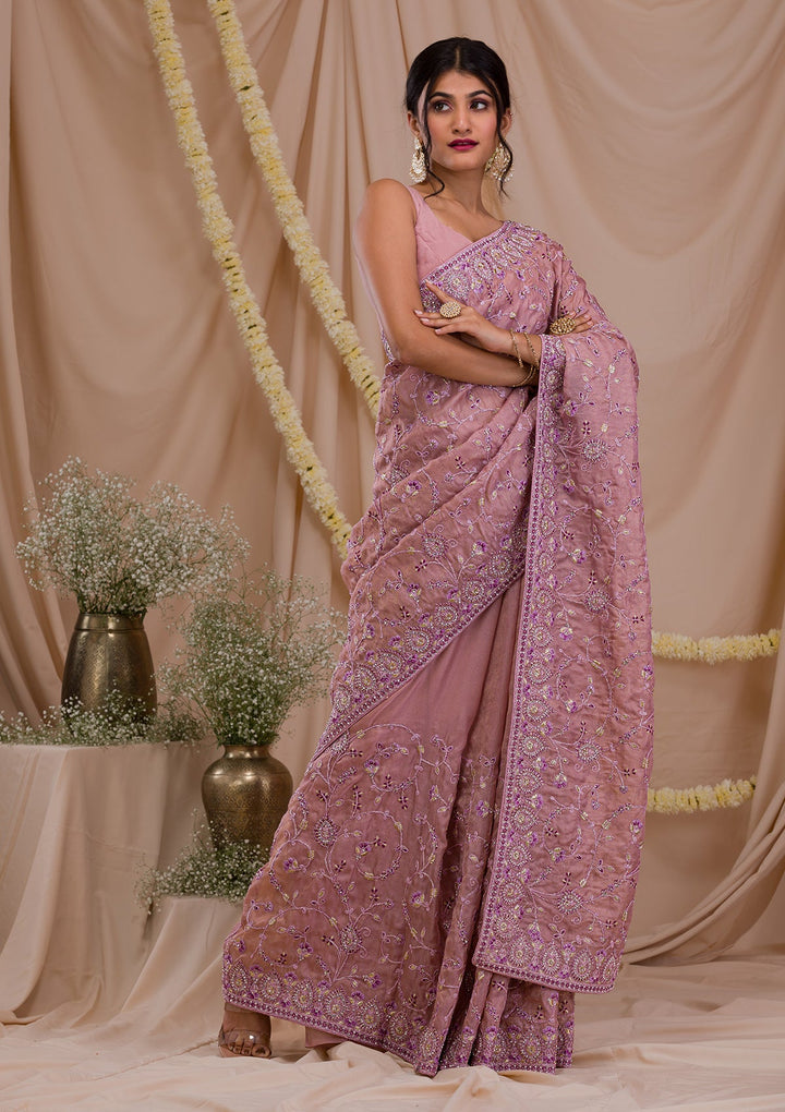 Lavender Stonework Net Saree-Koskii