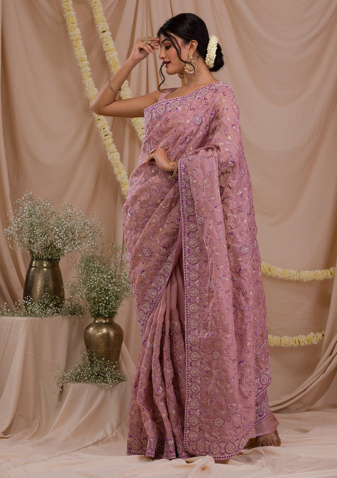 Lavender Stonework Net Saree-Koskii