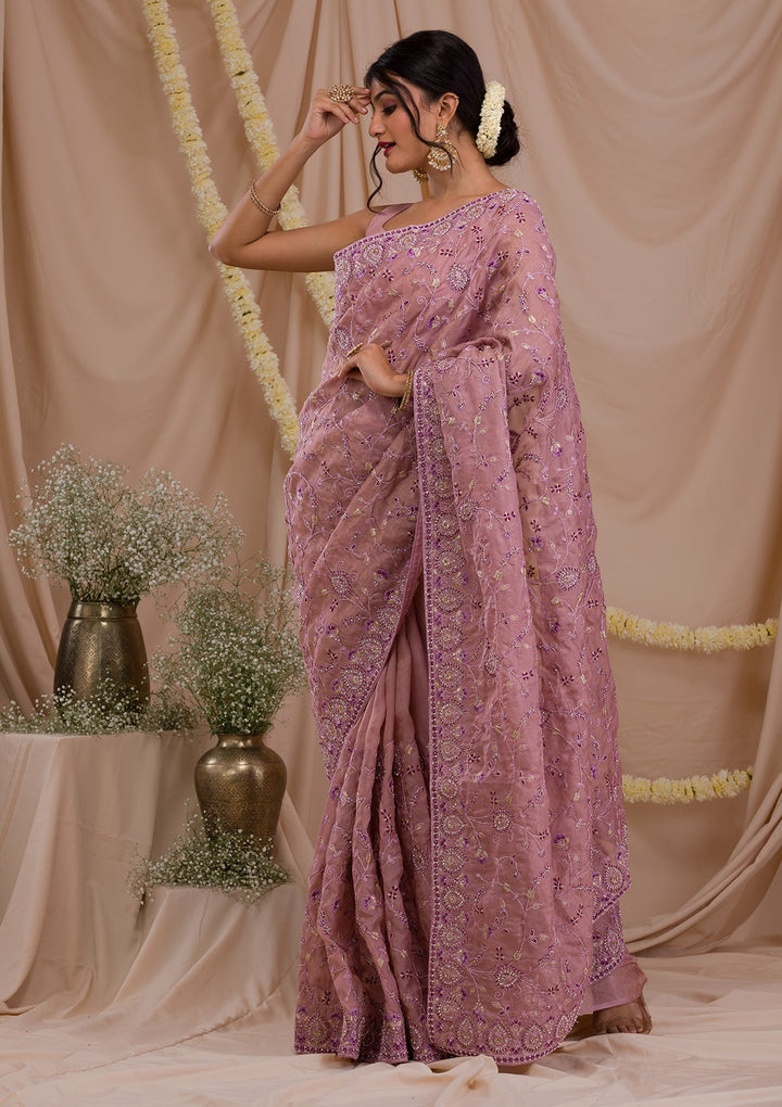 Lavender Stonework Net Saree-Koskii