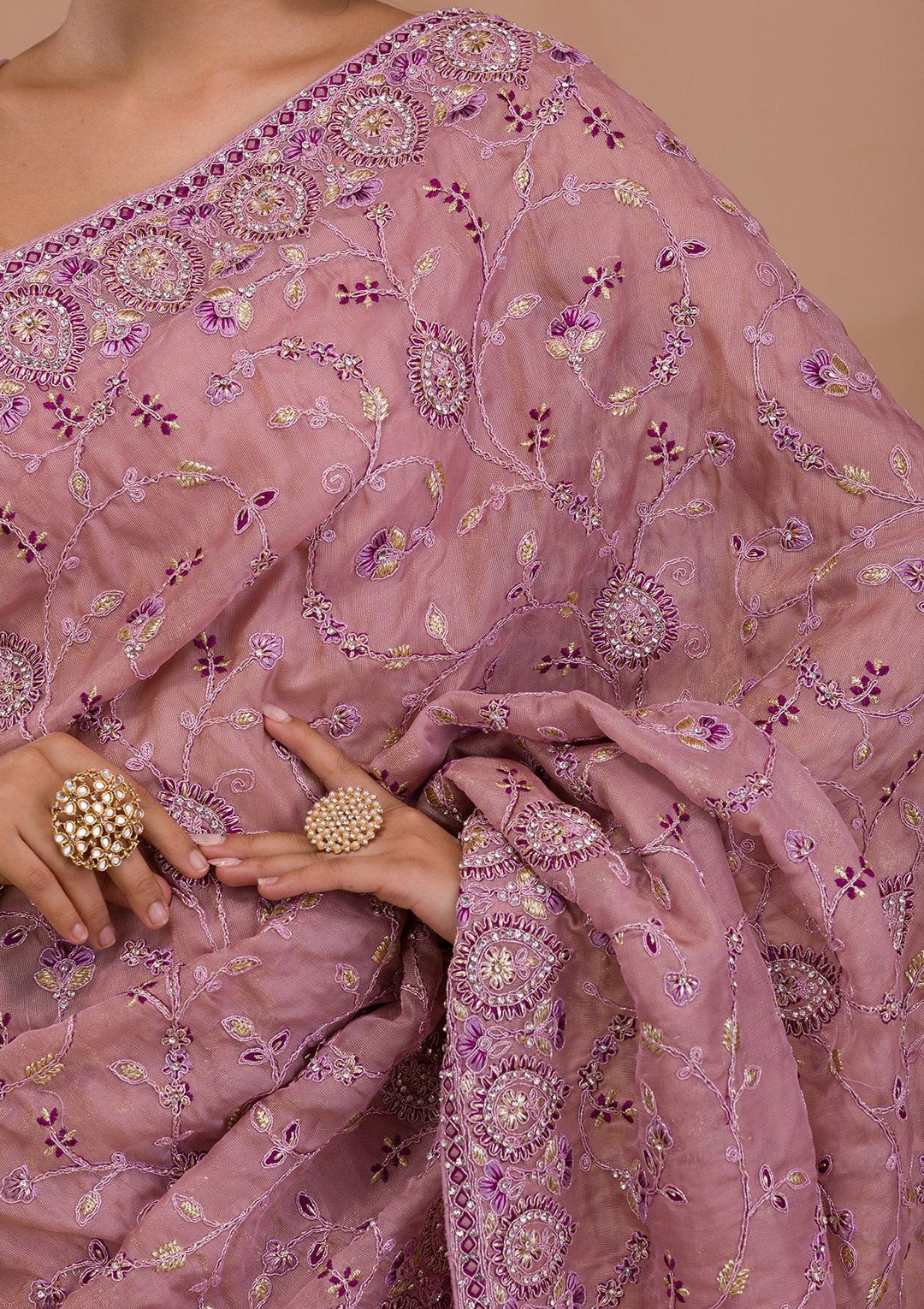 Lavender Stonework Net Saree-Koskii