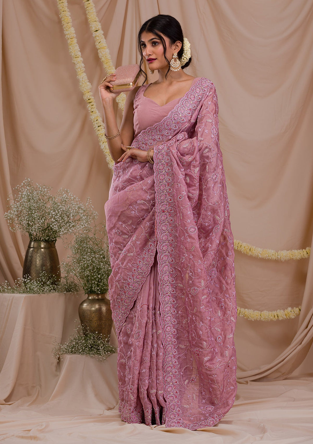 Lavender Stonework Net Saree-Koskii