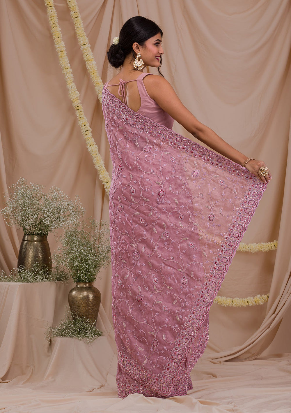Lavender Stonework Net Saree-Koskii