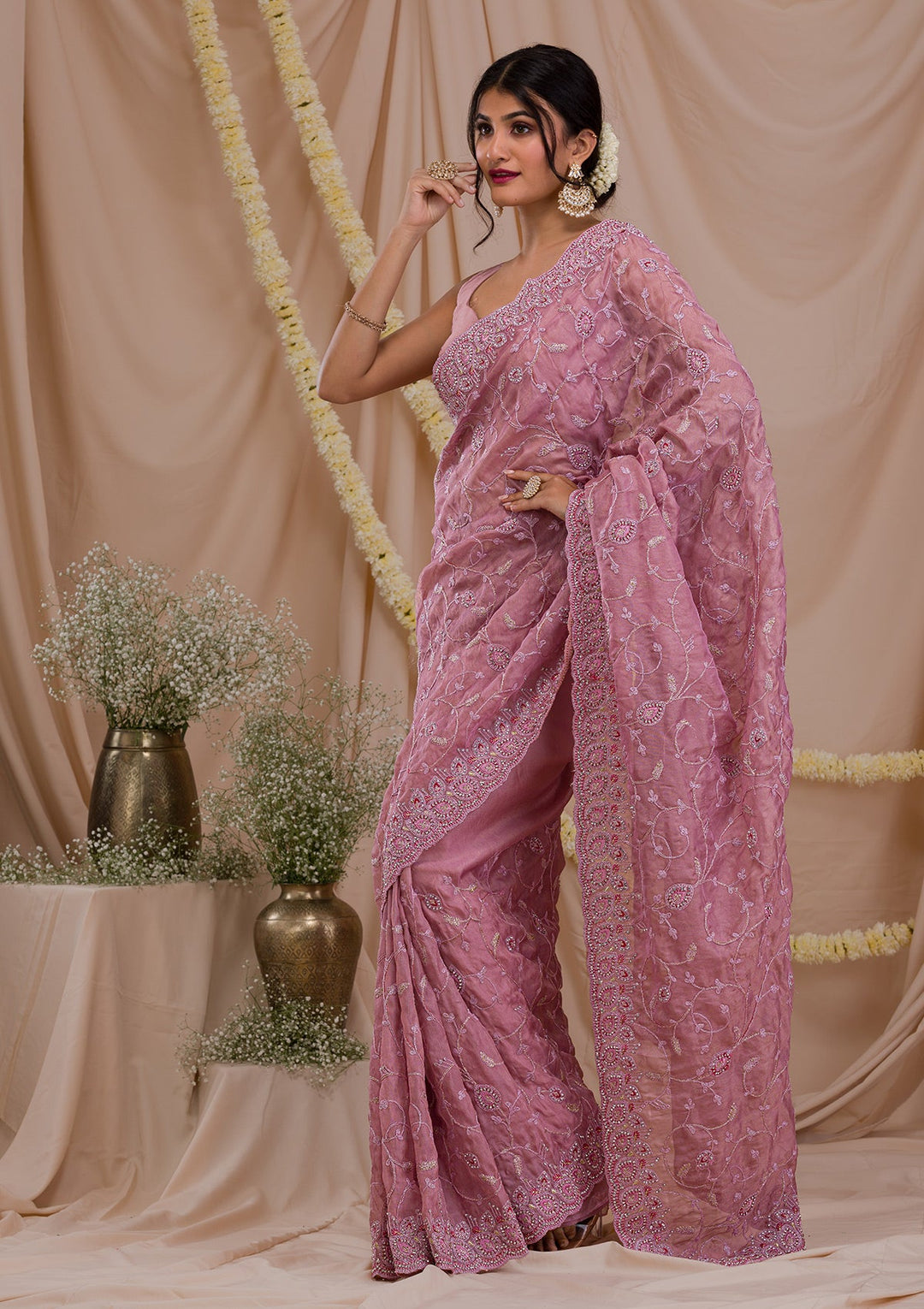 Lavender Stonework Net Saree-Koskii