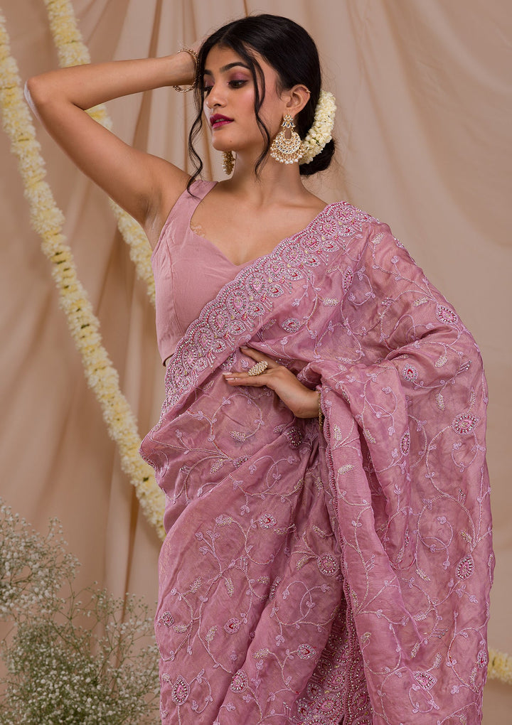Lavender Stonework Net Saree-Koskii