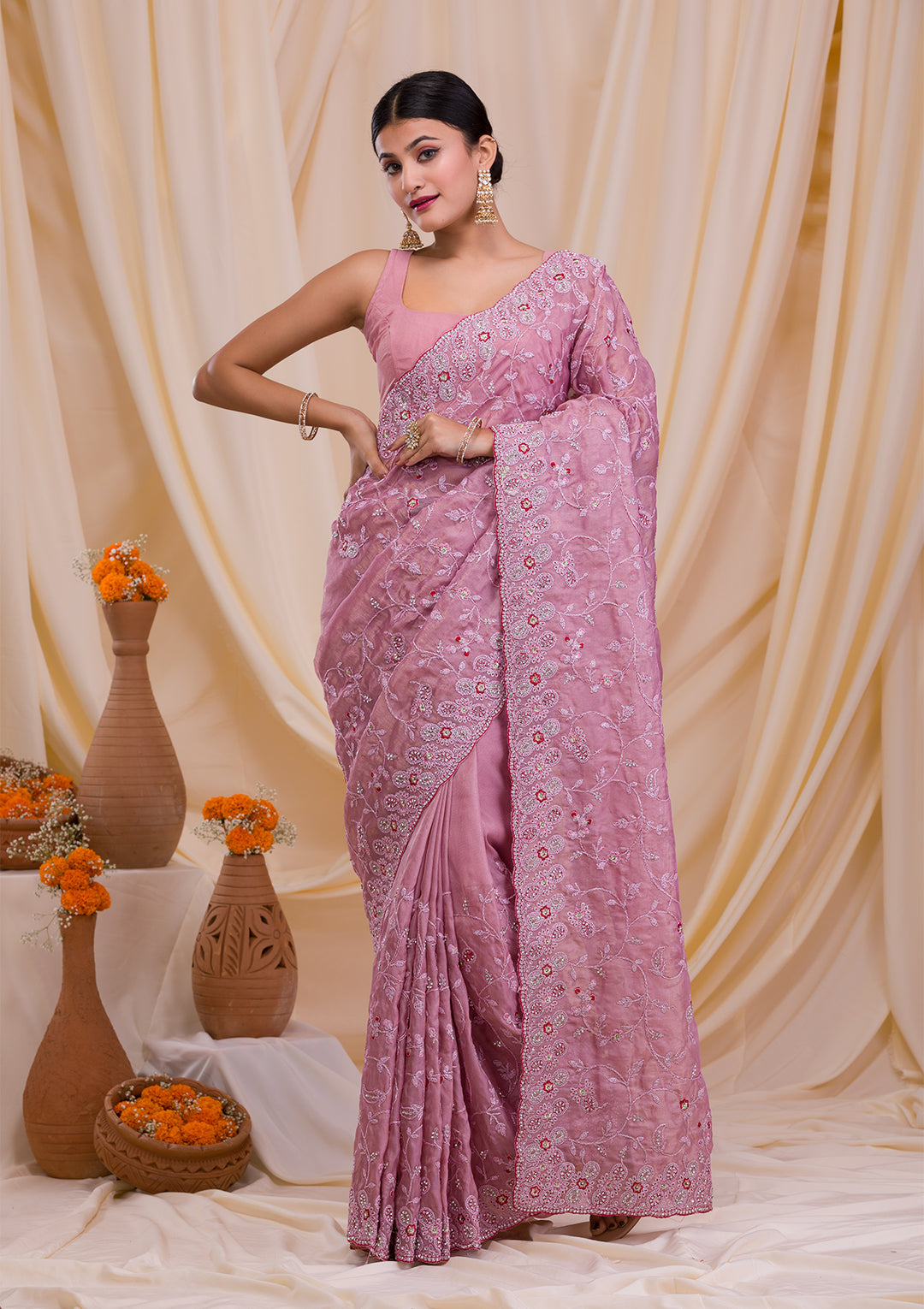 Lavender Stonework Net Saree-Koskii