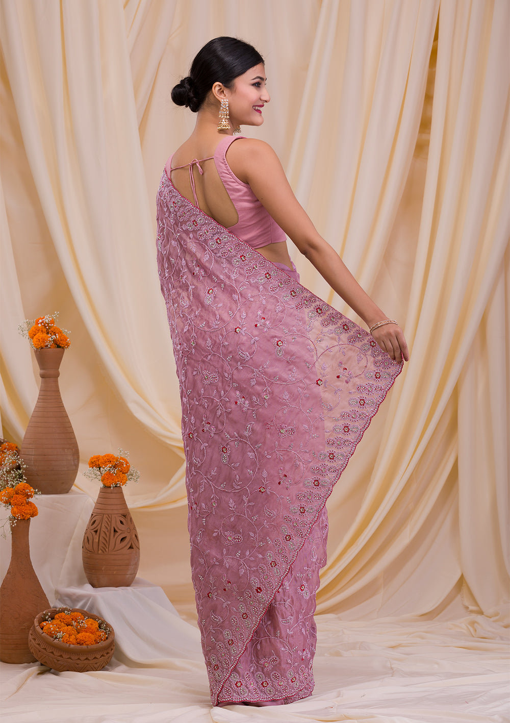 Lavender Stonework Net Saree-Koskii