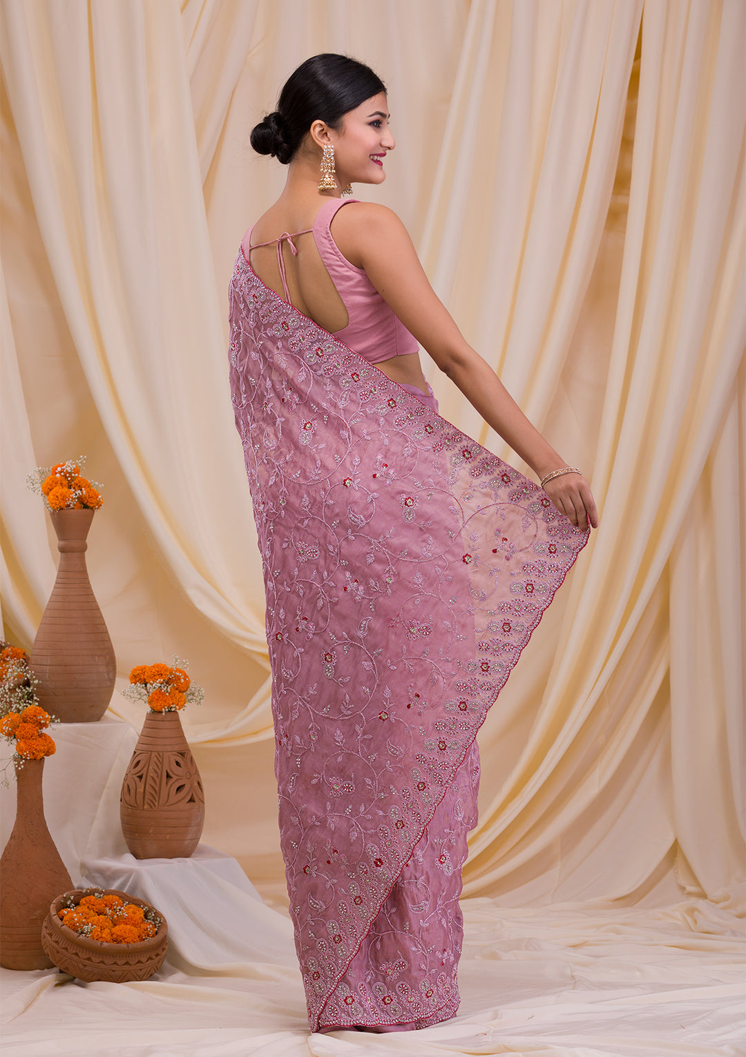 Lavender Stonework Net Saree-Koskii