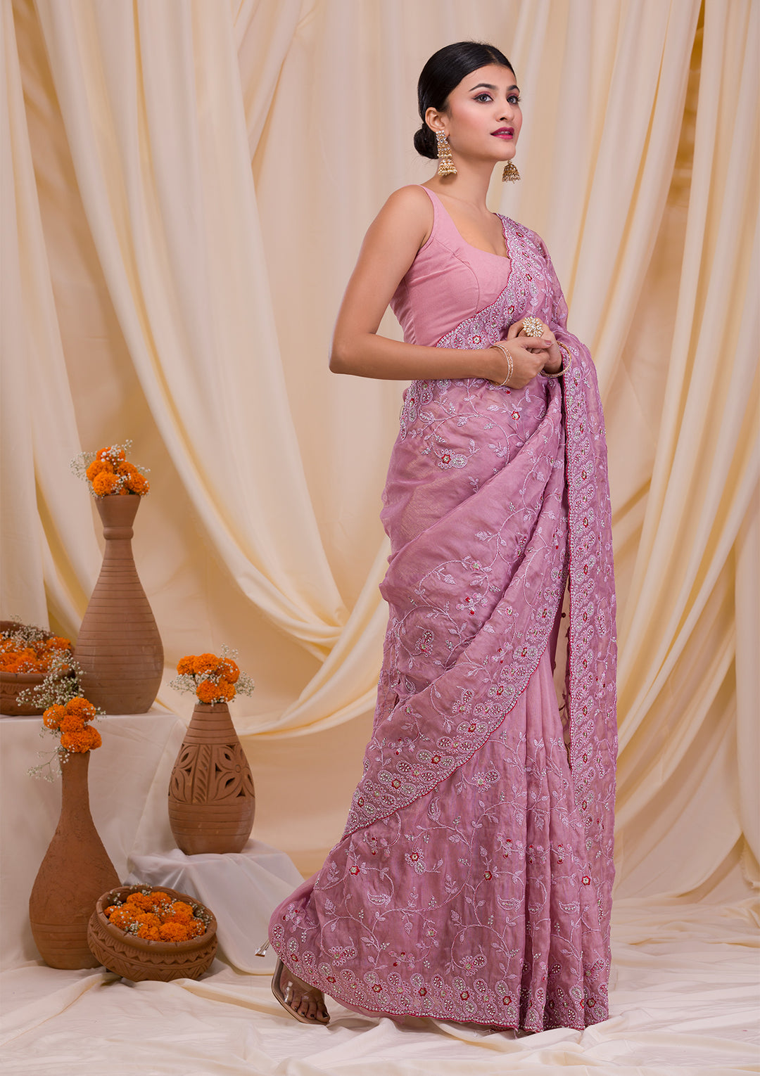 Lavender Stonework Net Saree-Koskii