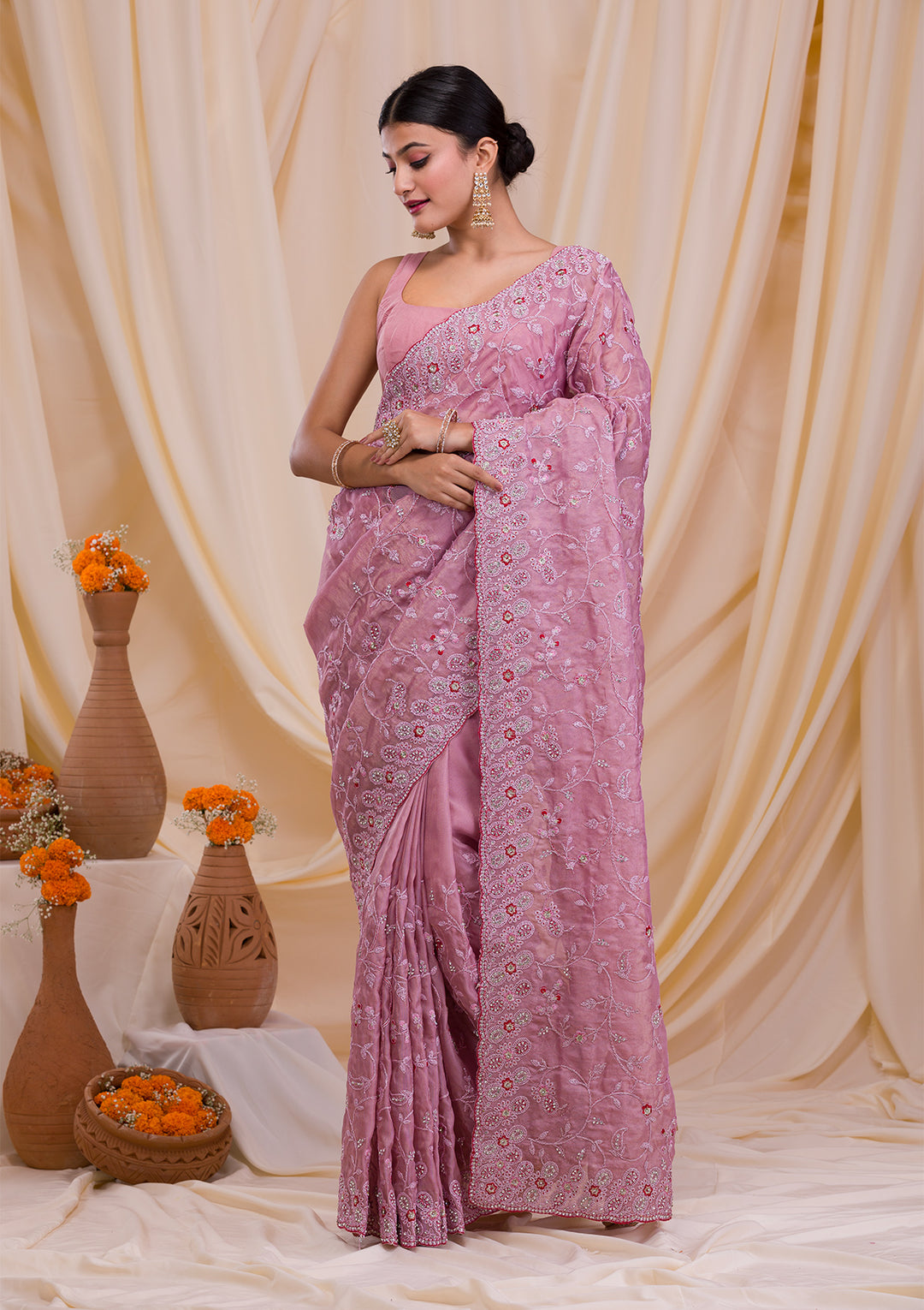 Lavender Stonework Net Saree-Koskii