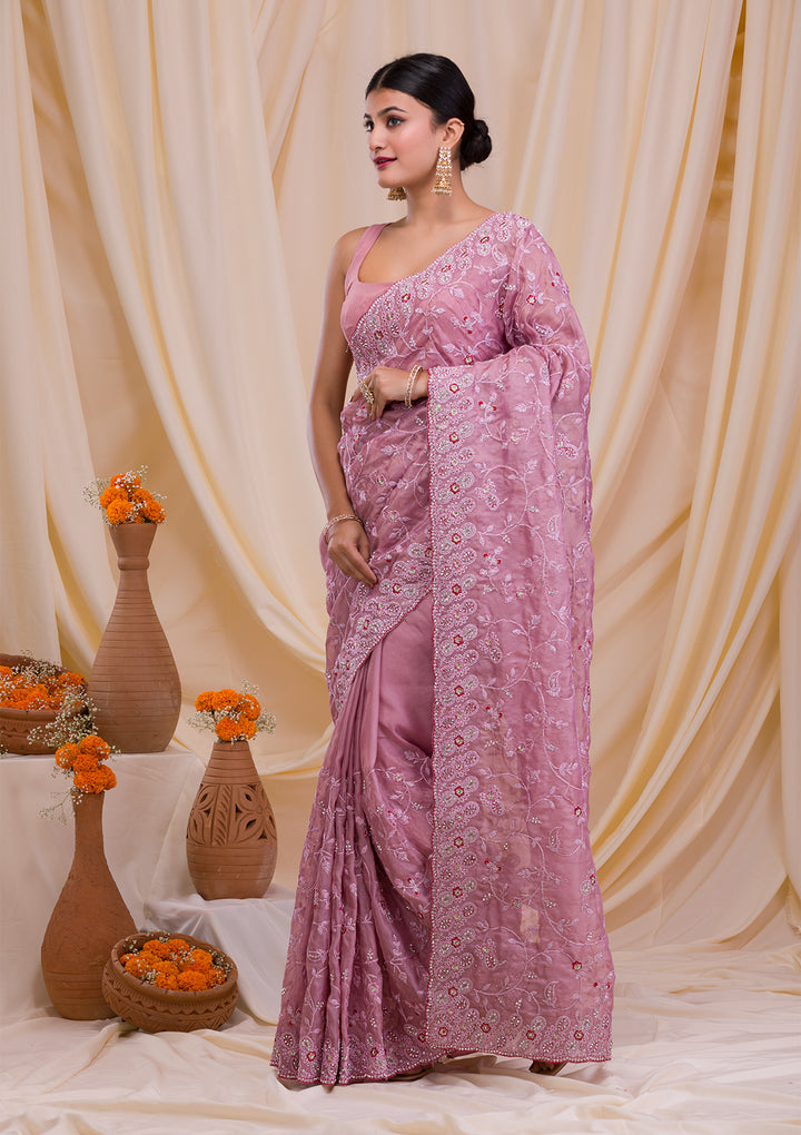 Lavender Stonework Net Saree-Koskii