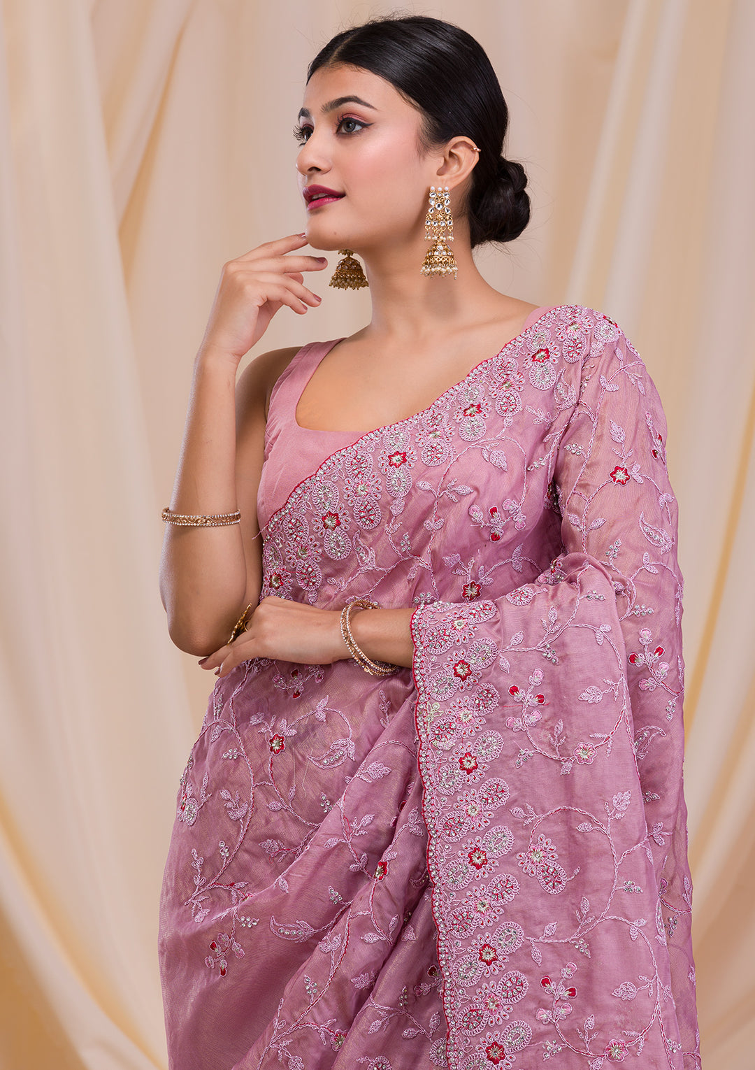 Lavender Stonework Net Saree-Koskii