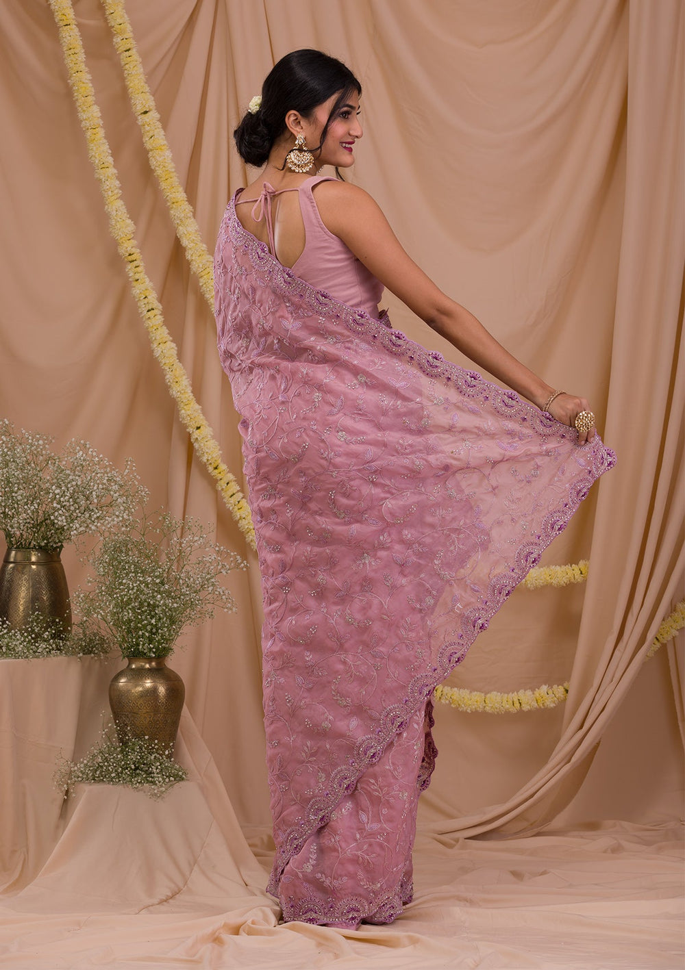 Lavender Stonework Net Saree-Koskii