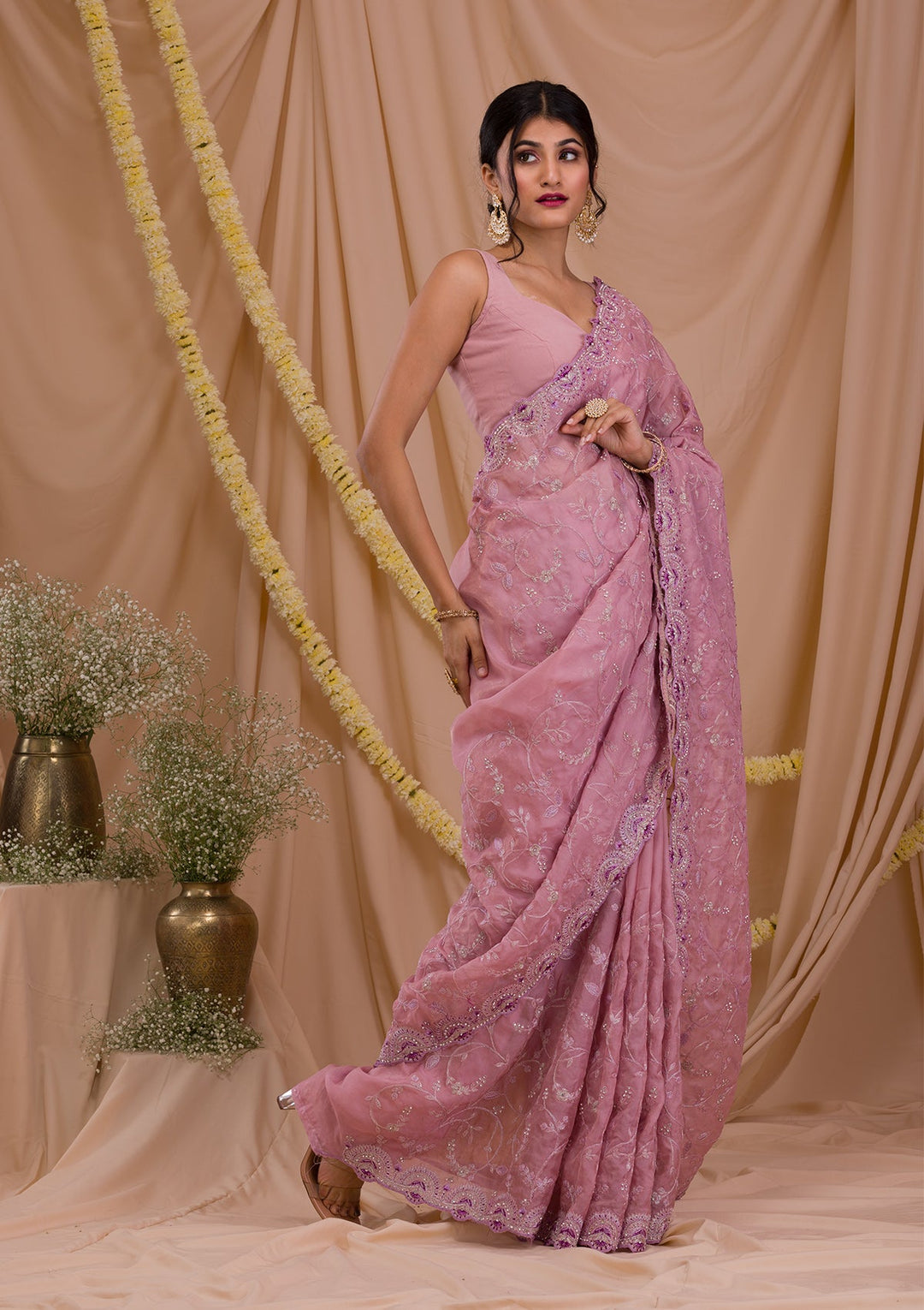 Lavender Stonework Net Saree-Koskii