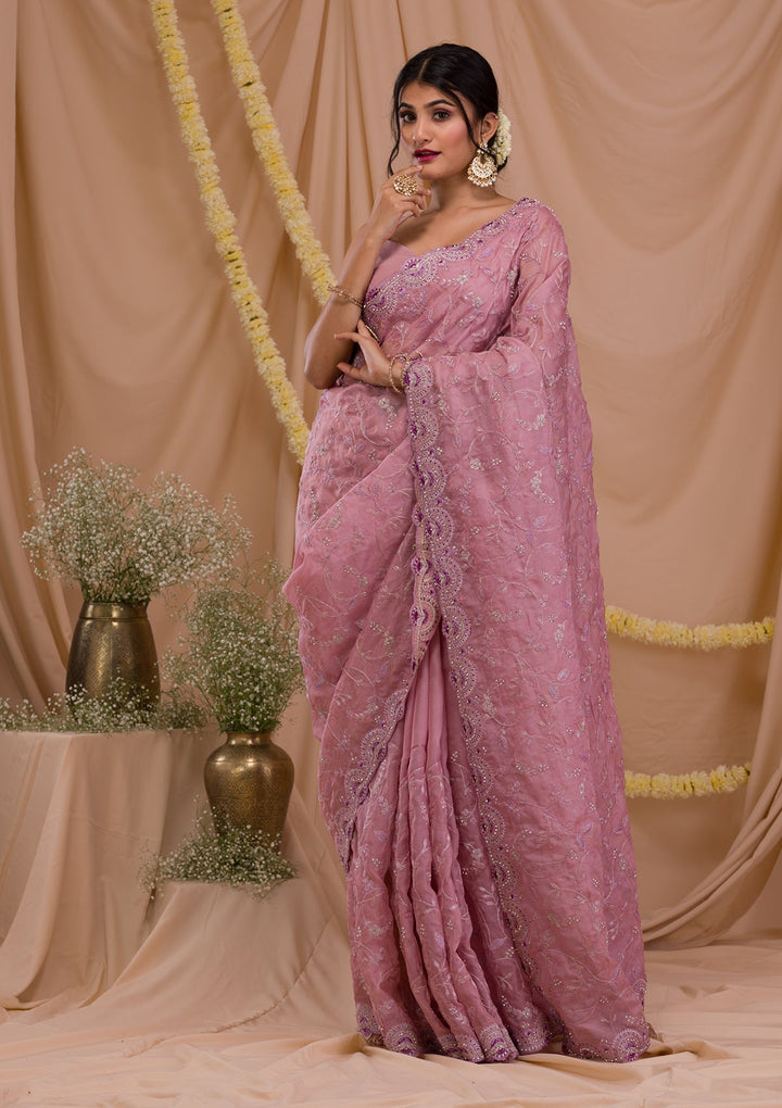 Lavender Stonework Net Saree-Koskii