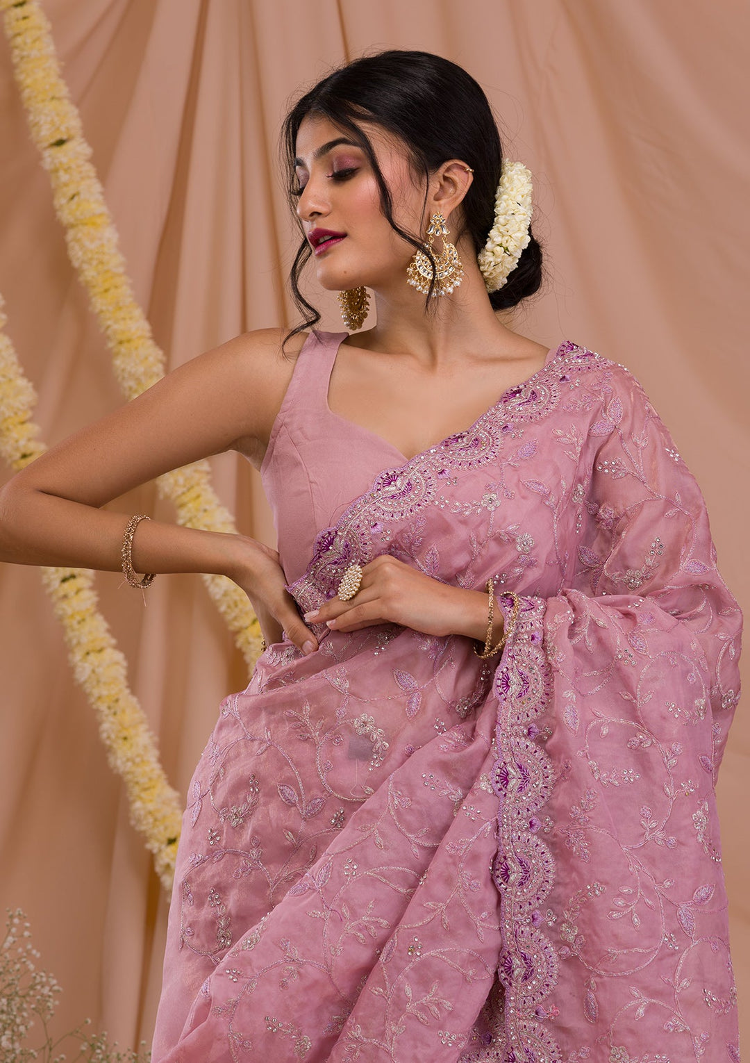 Lavender Stonework Net Saree-Koskii