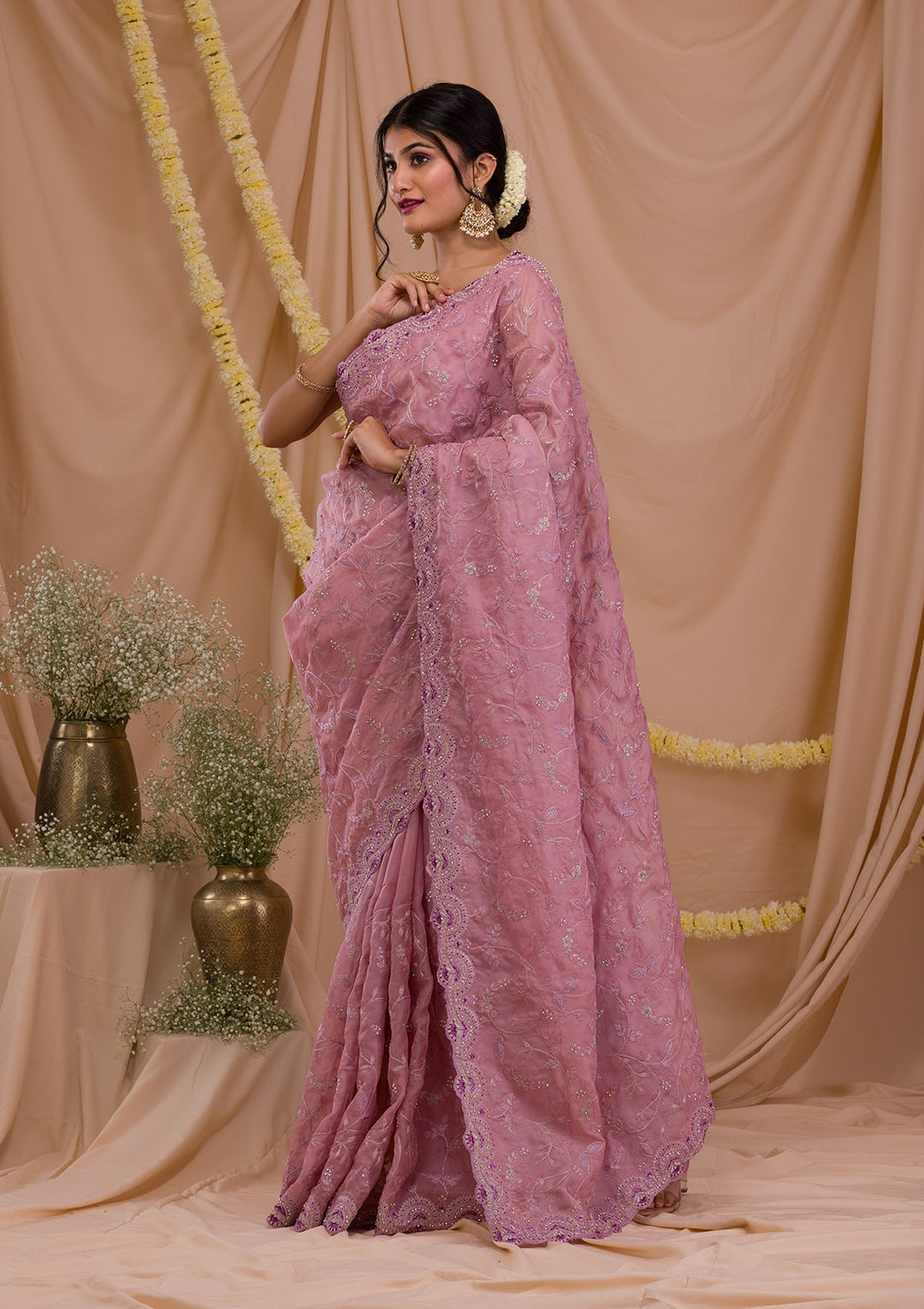 Lavender Stonework Net Saree-Koskii