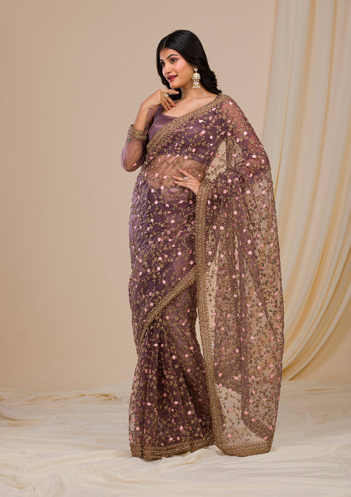 Lavender Stonework Net Saree-Koskii