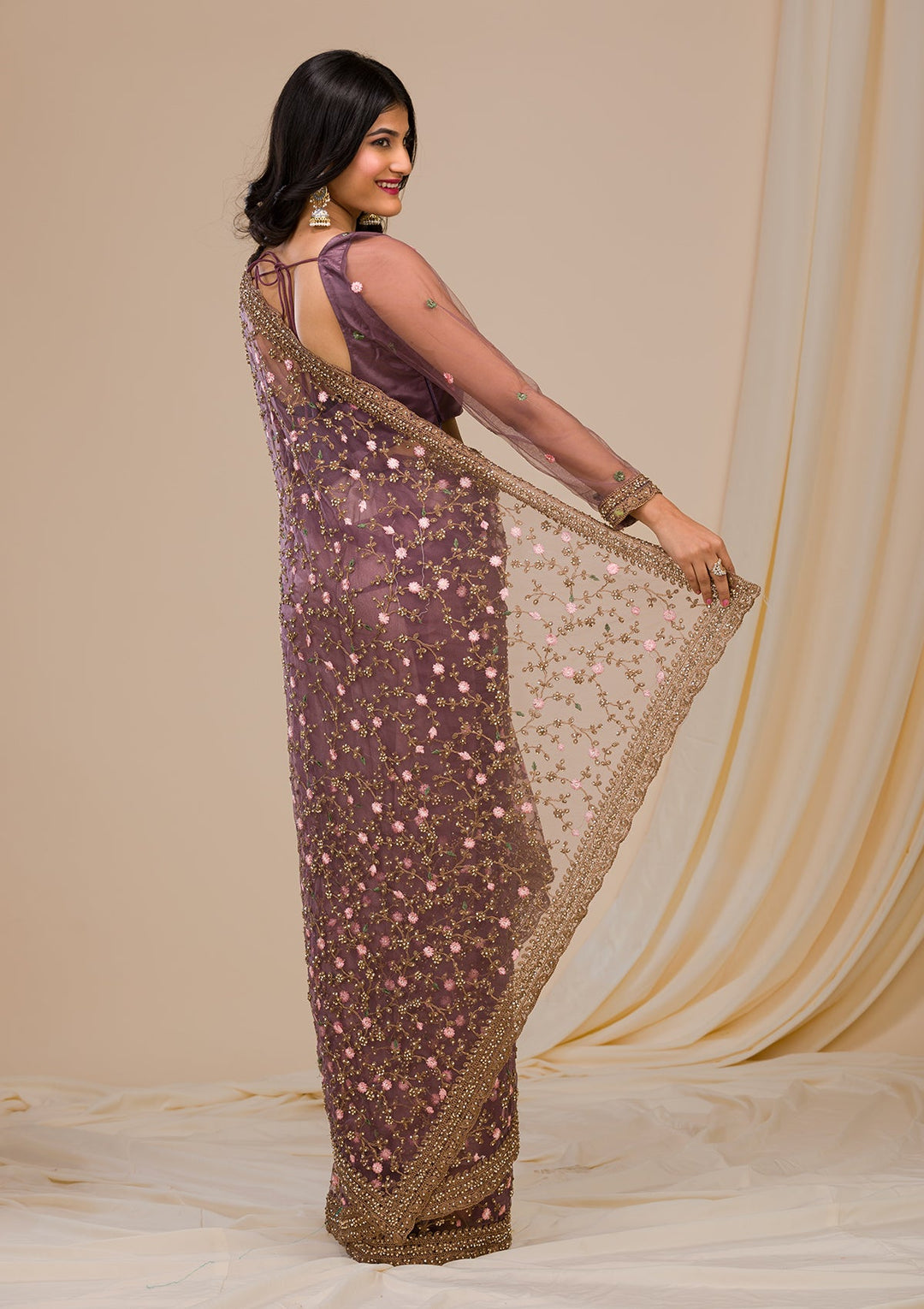 Lavender Stonework Net Saree-Koskii