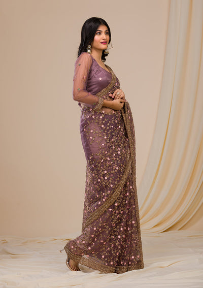 Lavender Stonework Net Saree-Koskii