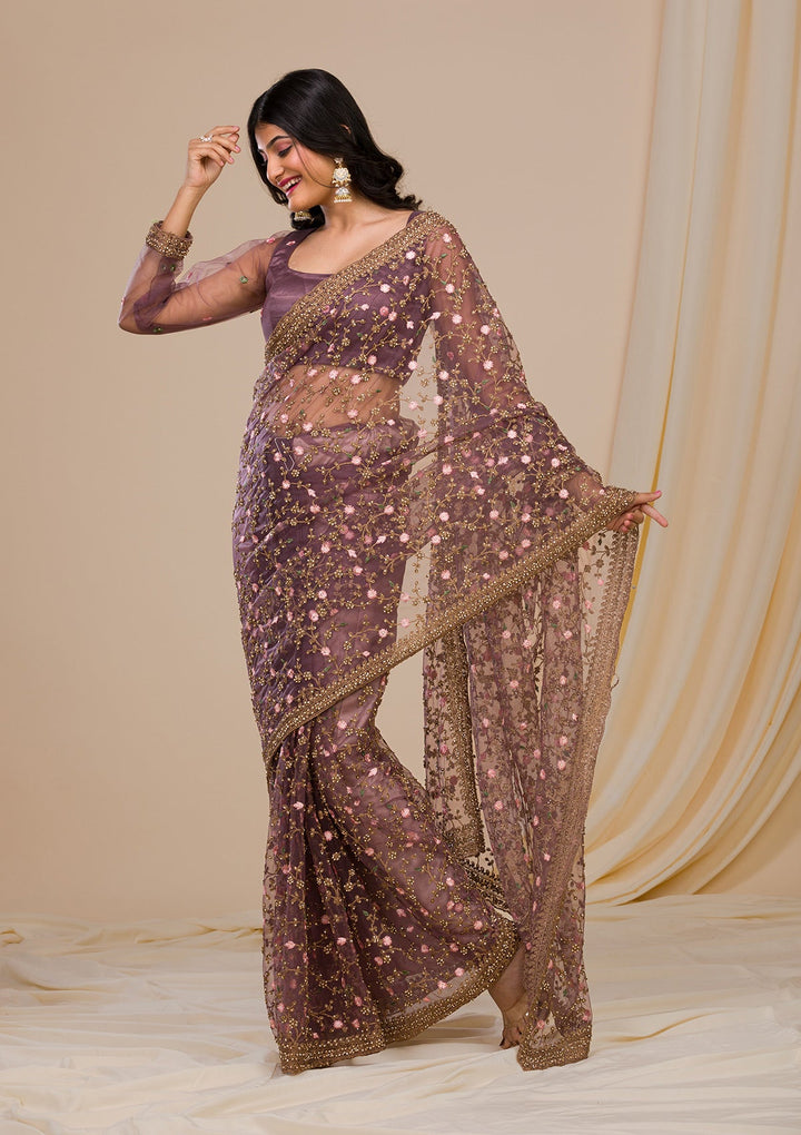 Lavender Stonework Net Saree-Koskii