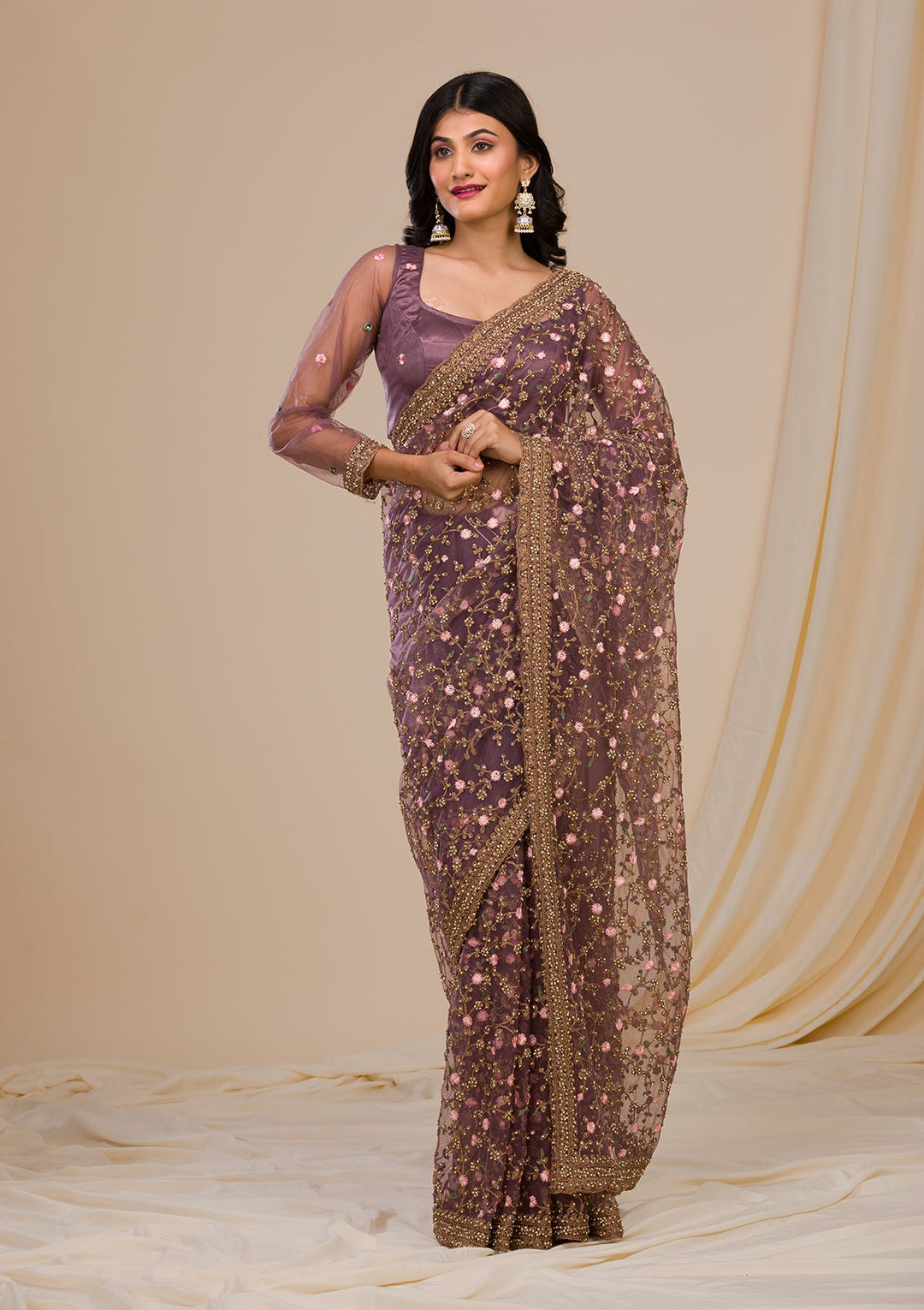 Lavender Stonework Net Saree-Koskii