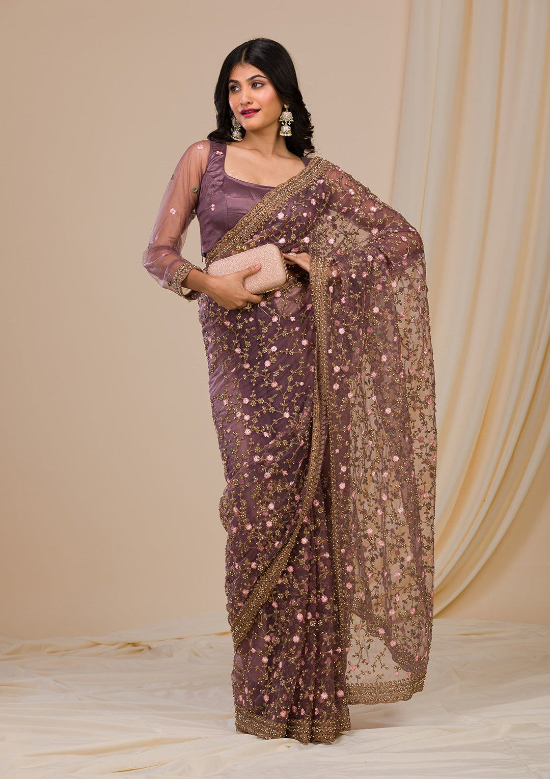 Lavender Stonework Net Saree-Koskii