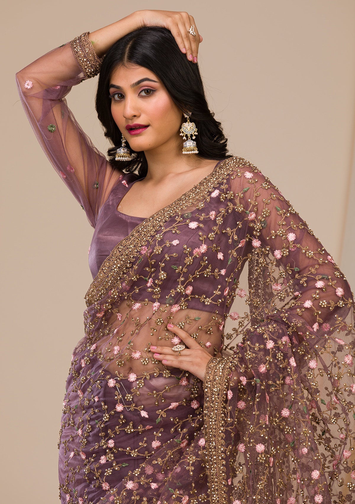 Lavender Stonework Net Saree-Koskii