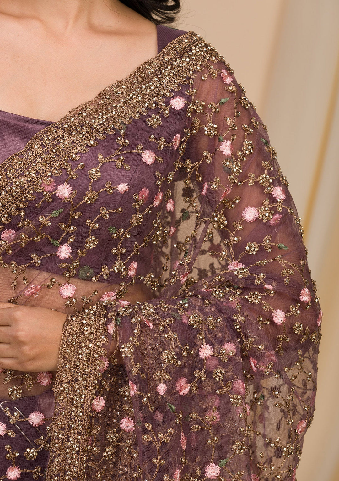 Lavender Stonework Net Saree-Koskii