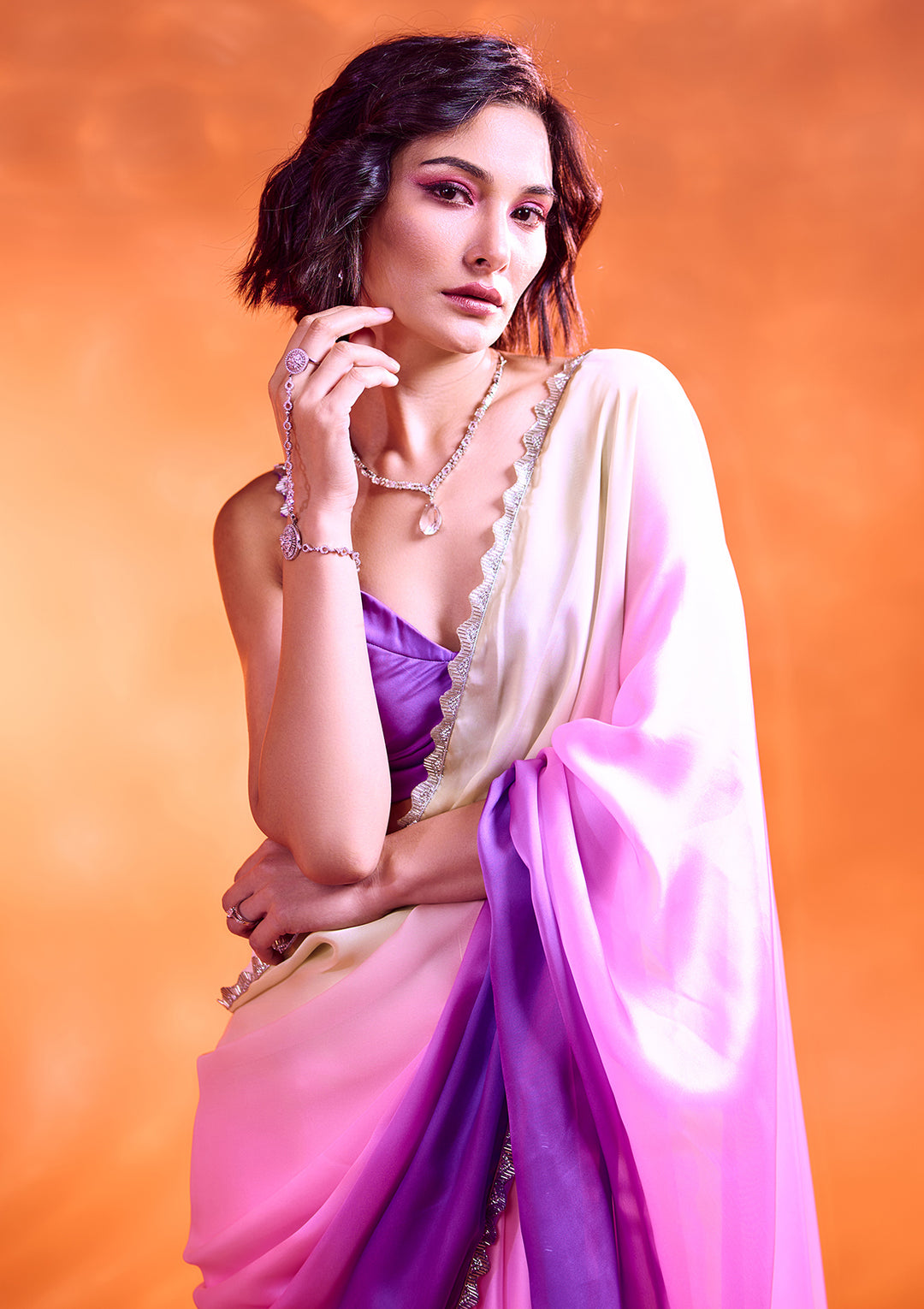 Lavender Ombre Stonework Satin Bollywood Saree