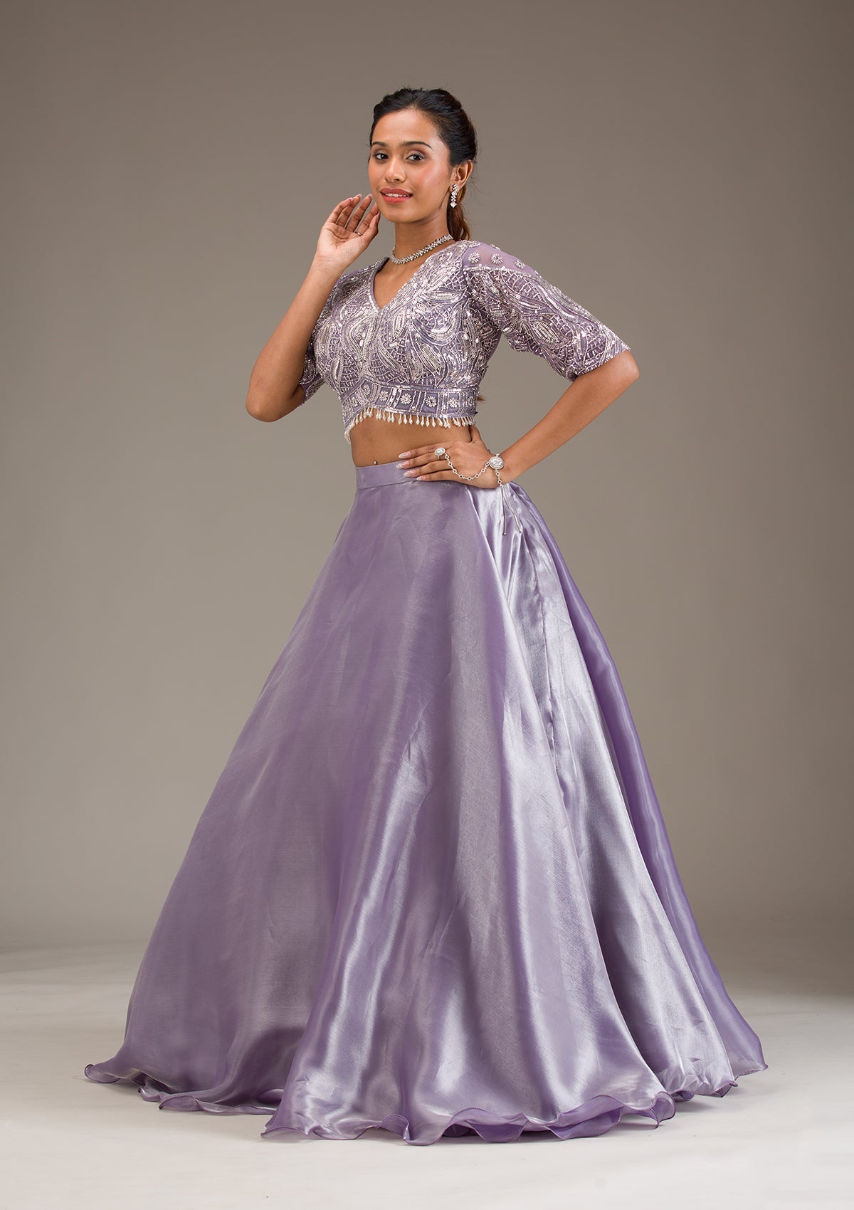 Lavender Stonework Semi Crepe Readymade Lehenga