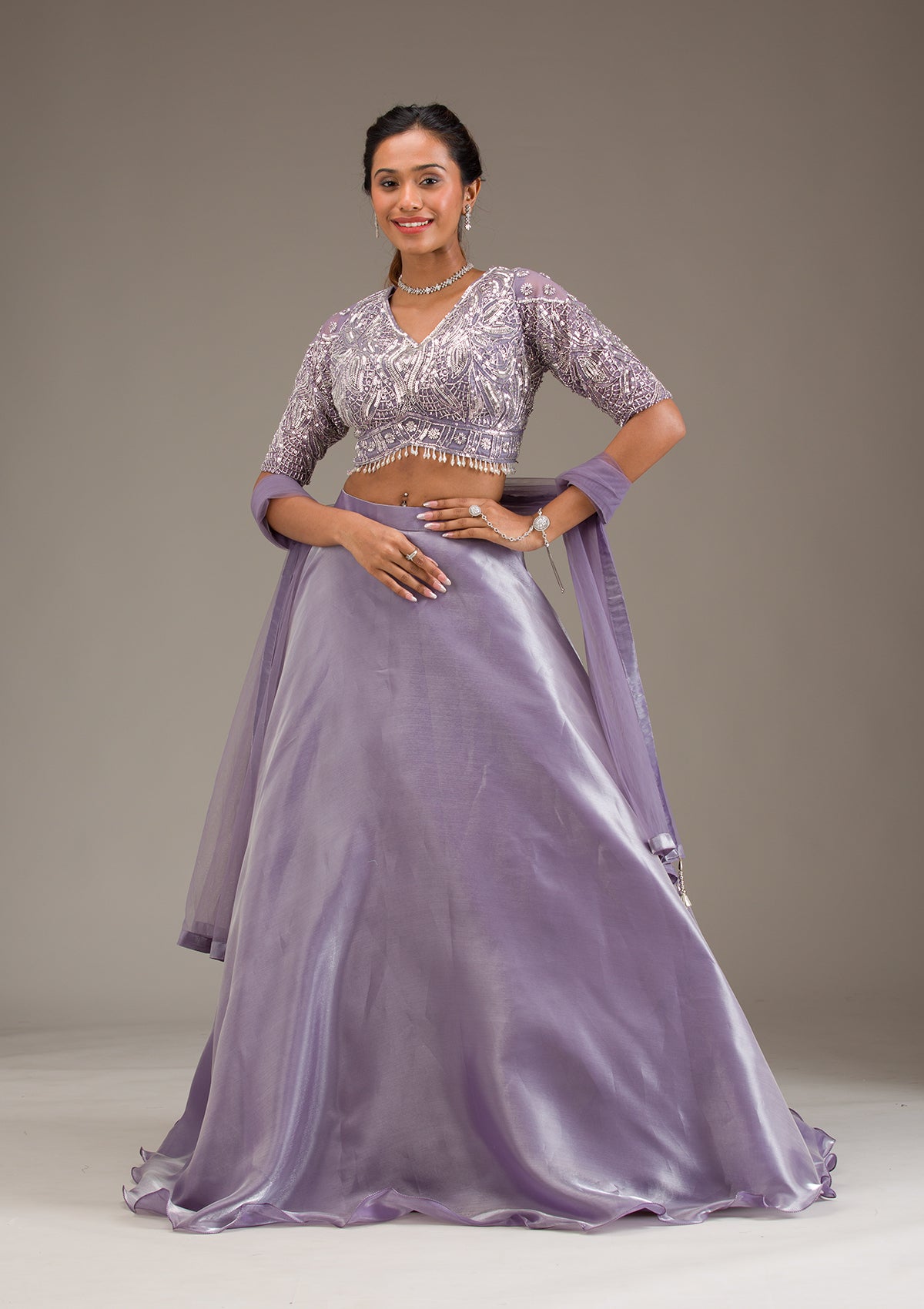 Lavender Stonework Semi Crepe Readymade Lehenga