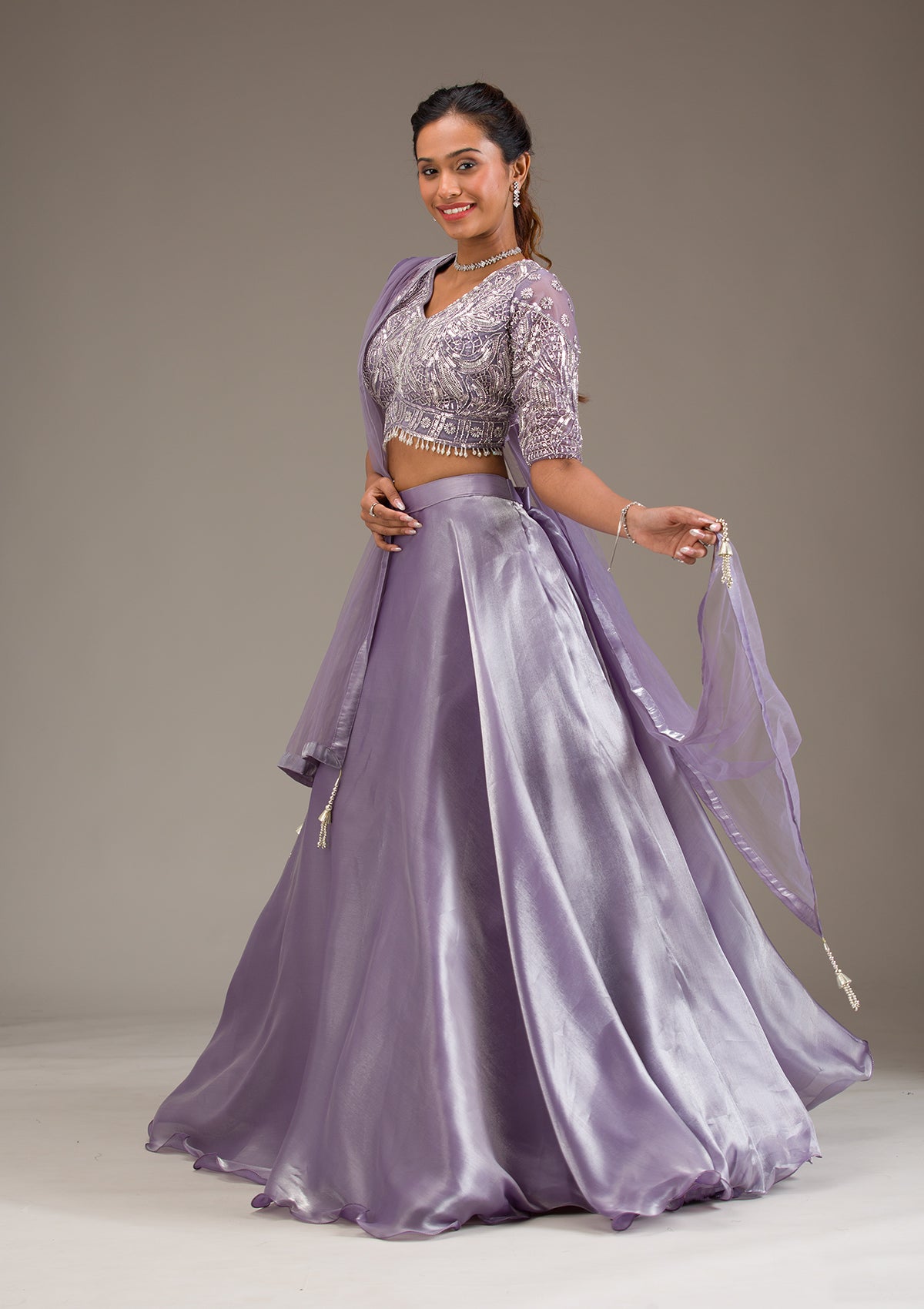 Lavender Stonework Semi Crepe Readymade Lehenga-Koskii