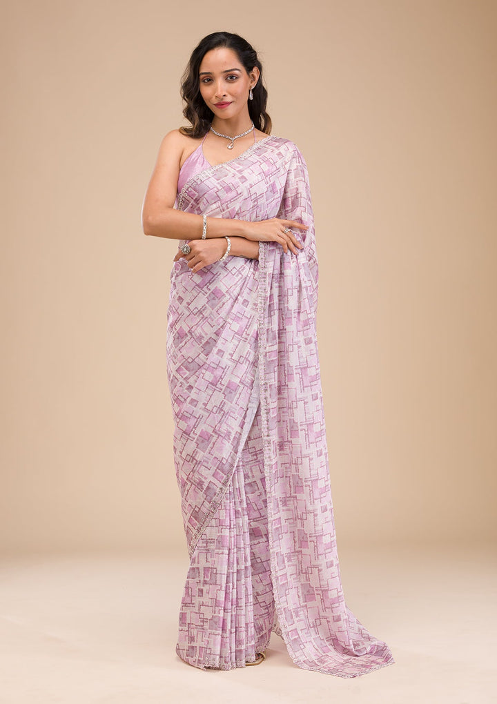 Lavender Stonework Semi Crepe Saree-Koskii