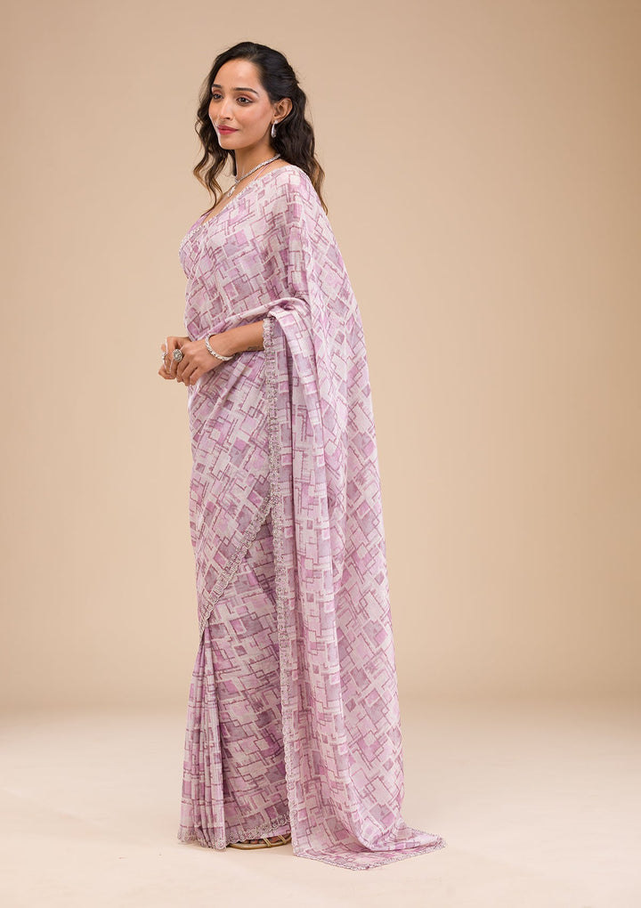 Lavender Stonework Semi Crepe Saree-Koskii