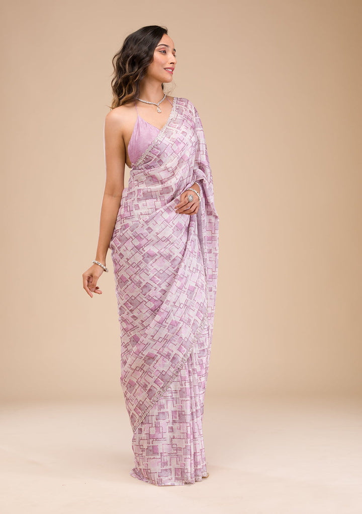 Lavender Stonework Semi Crepe Saree-Koskii