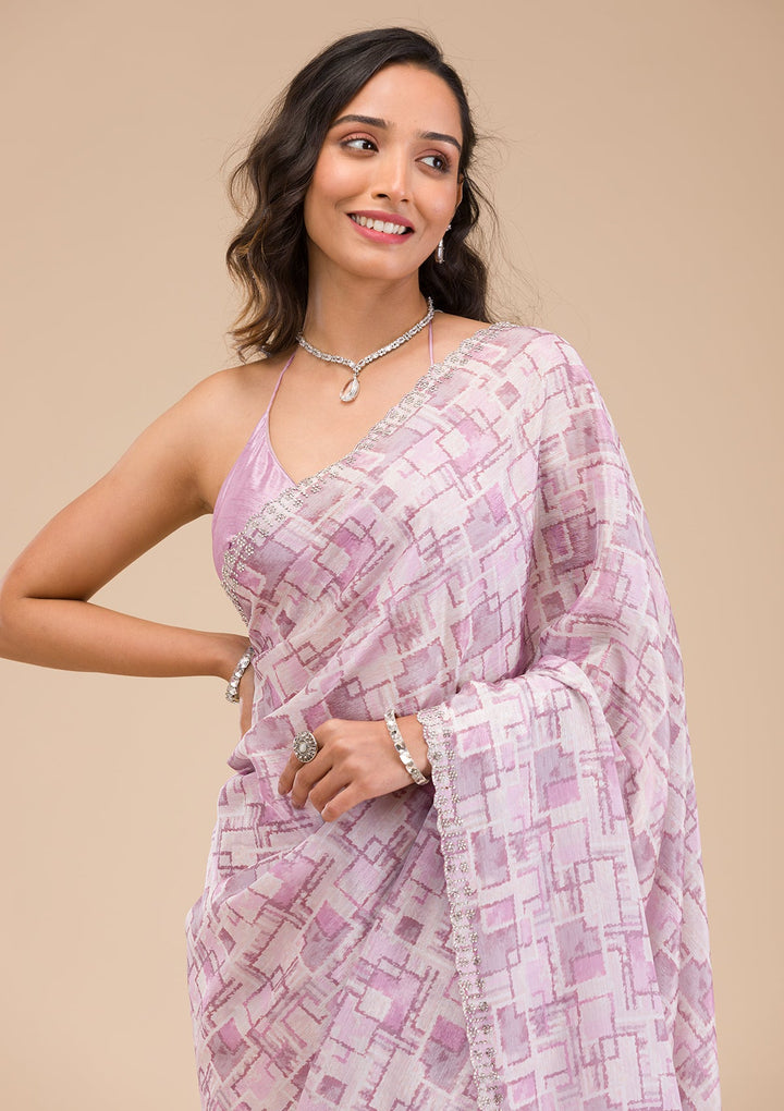Lavender Stonework Semi Crepe Saree-Koskii