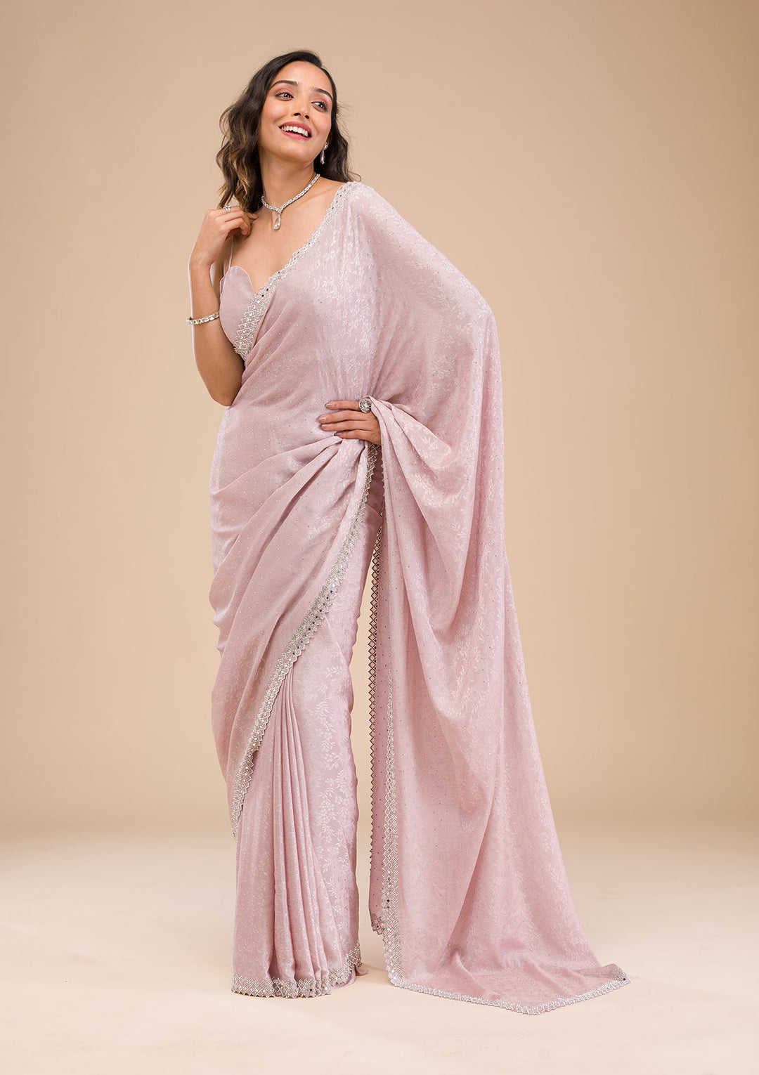Lavender Stonework Semi Crepe Saree-Koskii