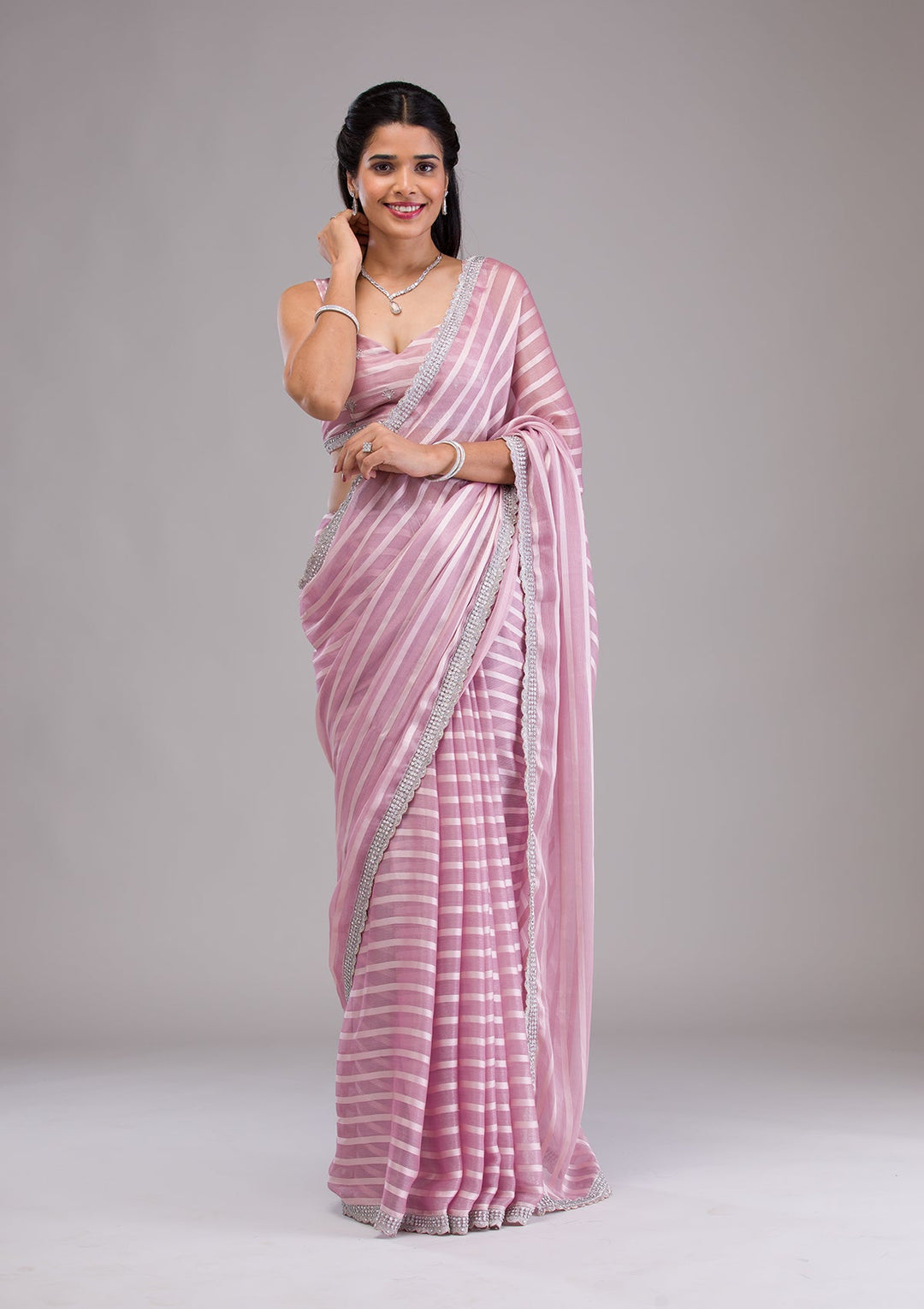 Lavender Stonework Semi Crepe Saree-Koskii